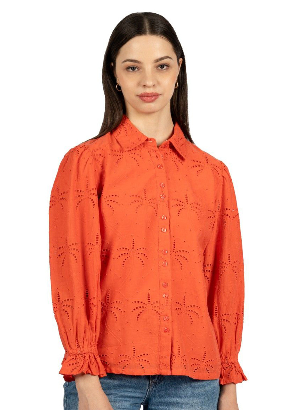 CORY EDGE Embellished Embroidered Bishop Sleeves Cotton Top