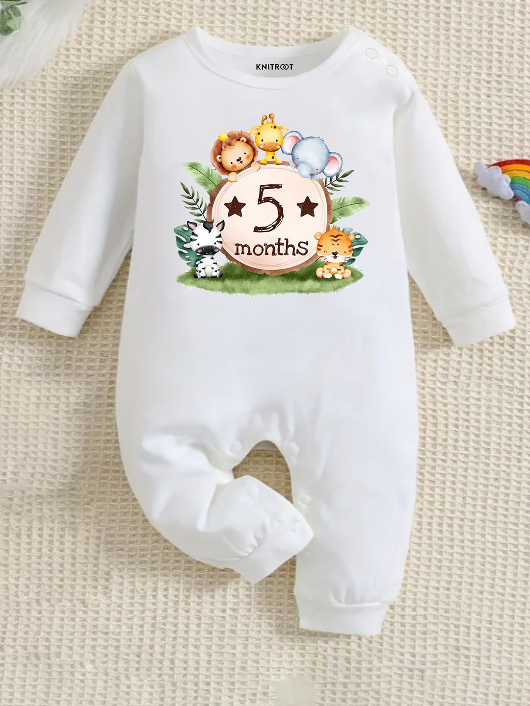 KNITROOT Infants Printed Envelope Neck Long Sleeve Cotton Rompers