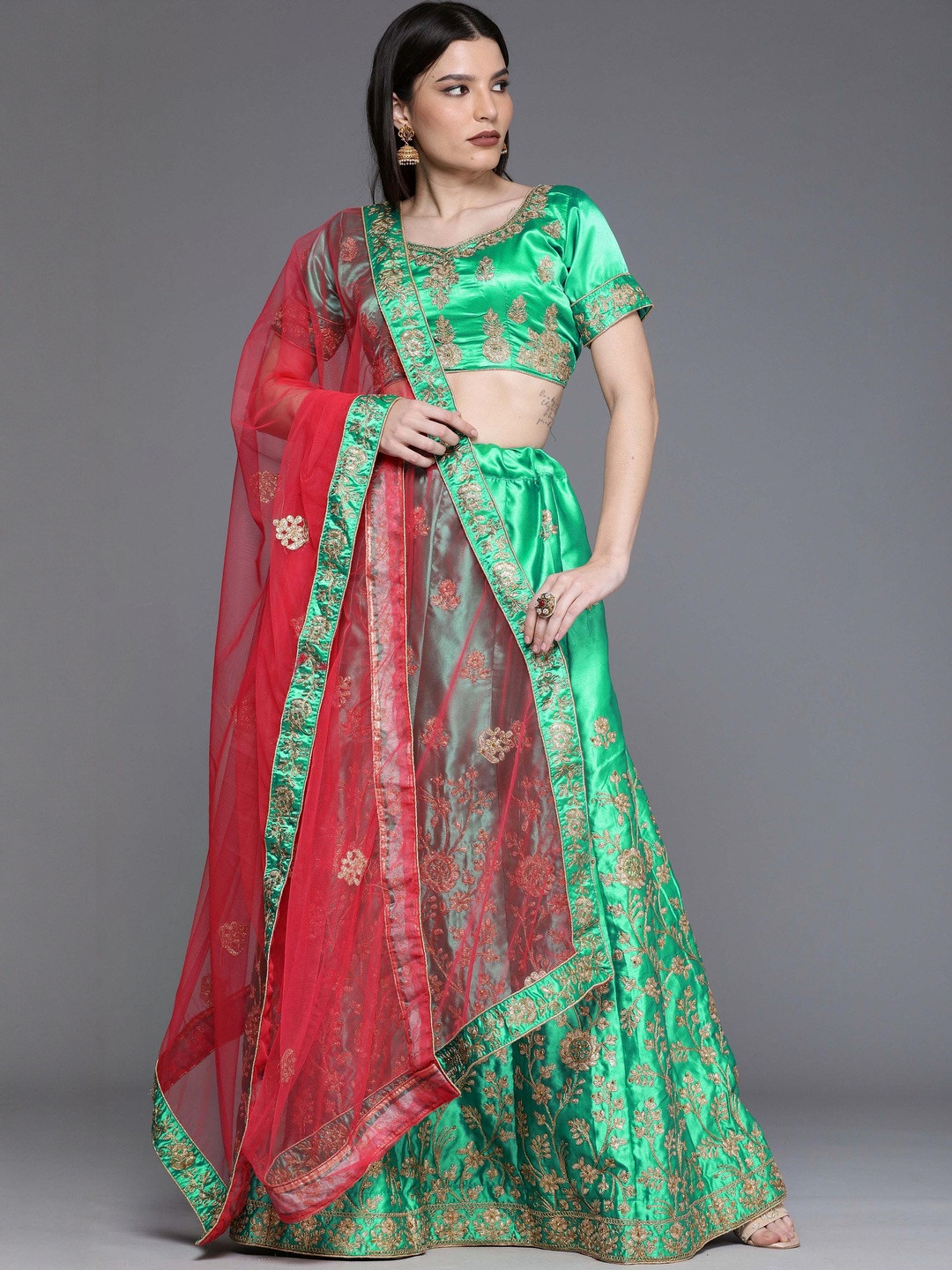 Suha Women Green Satin Embroidered Unstitched Lehenga Choli