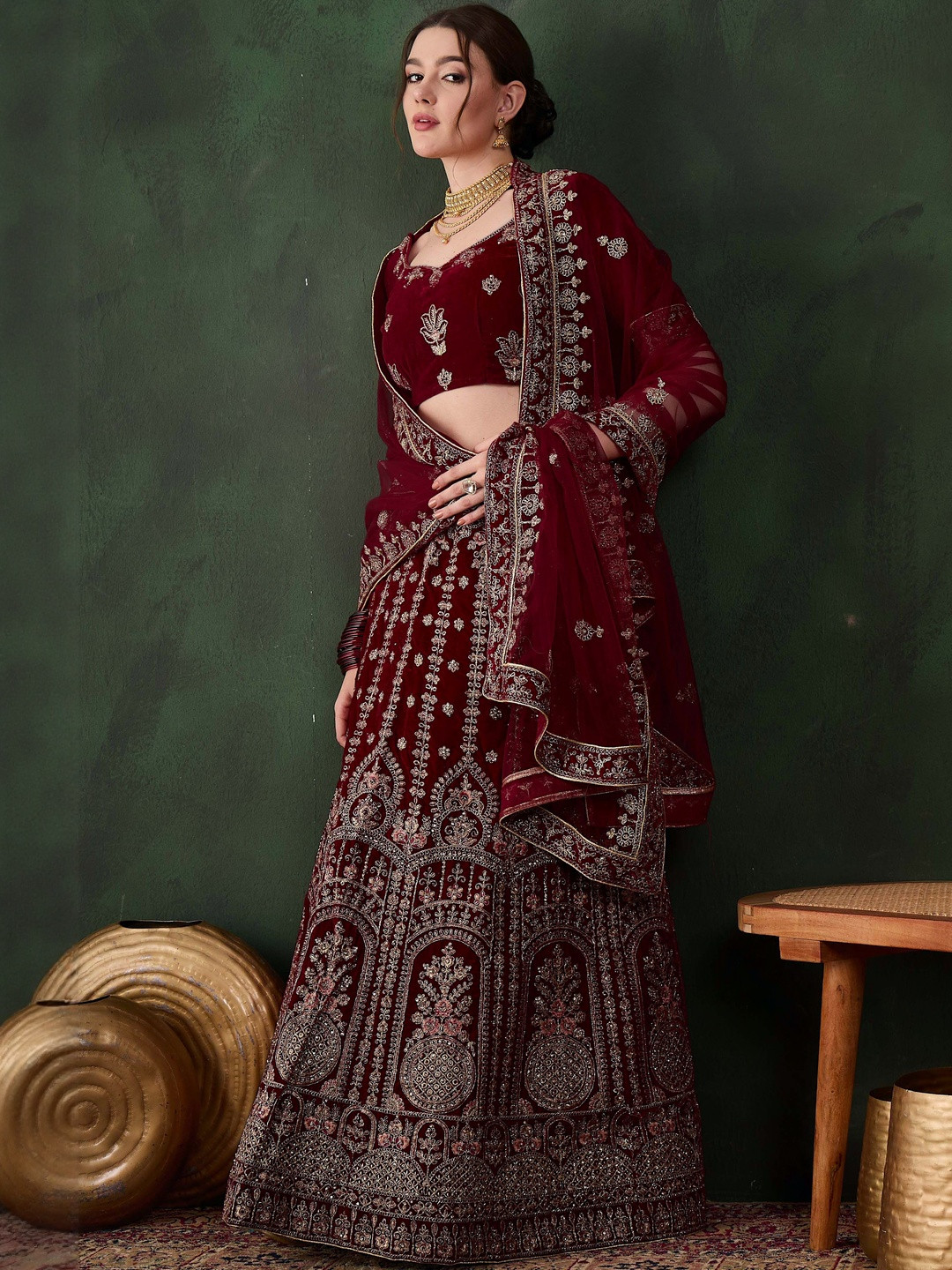 Suha Women Maroon Velvet Embroidered Unstitched Lehenga Choli
