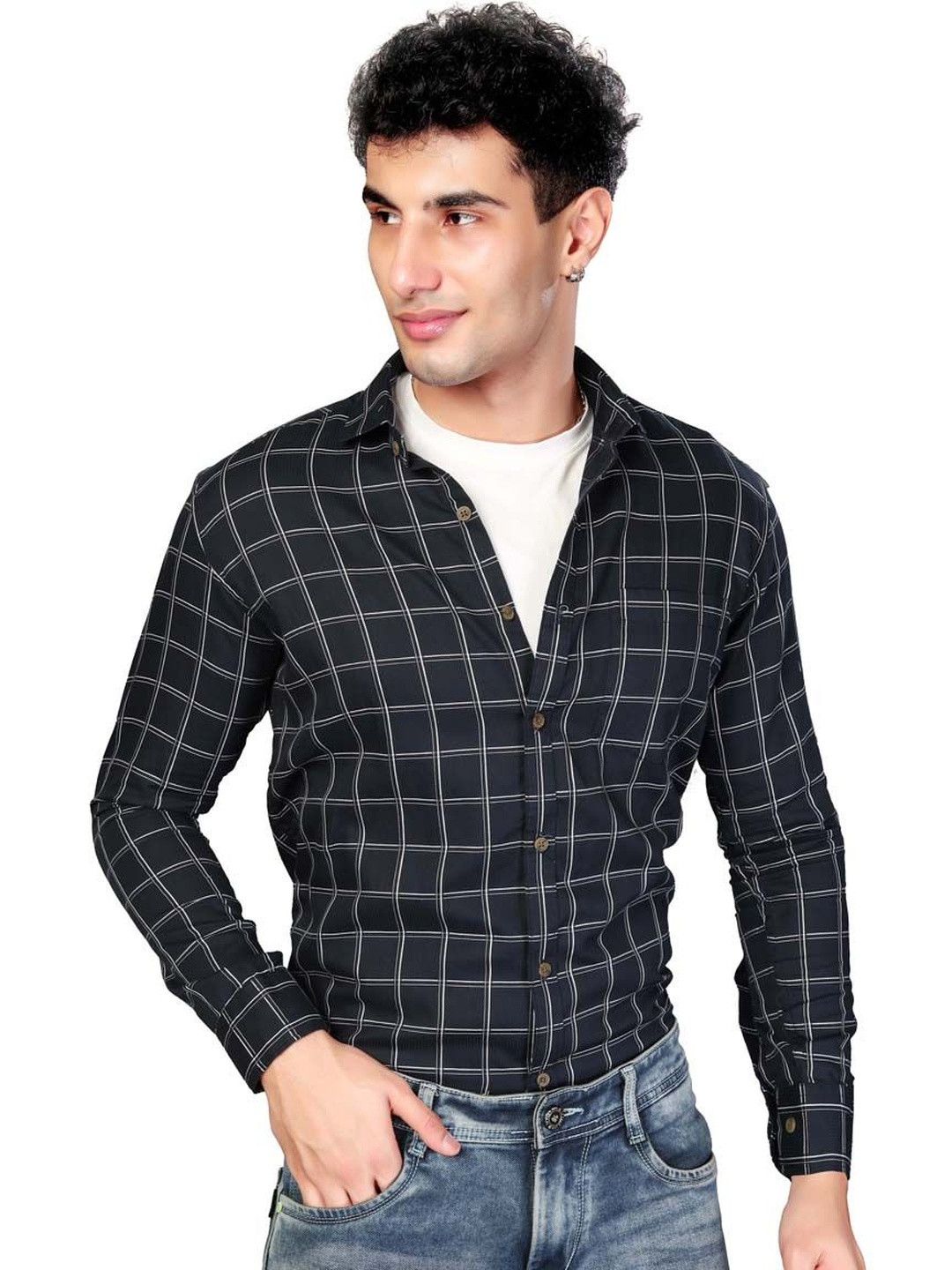 UR ETHICS Men Blue Checked Slim Fit Premium Semiformal Shirts