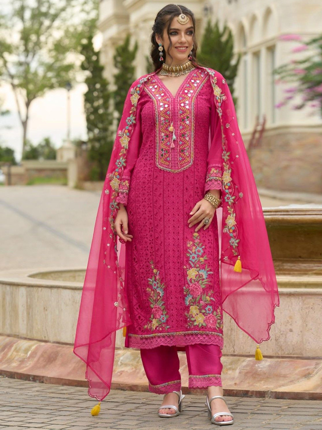 AUTUMN LANE Women Chandrani Rose Schiffli Full Work Suit Set
