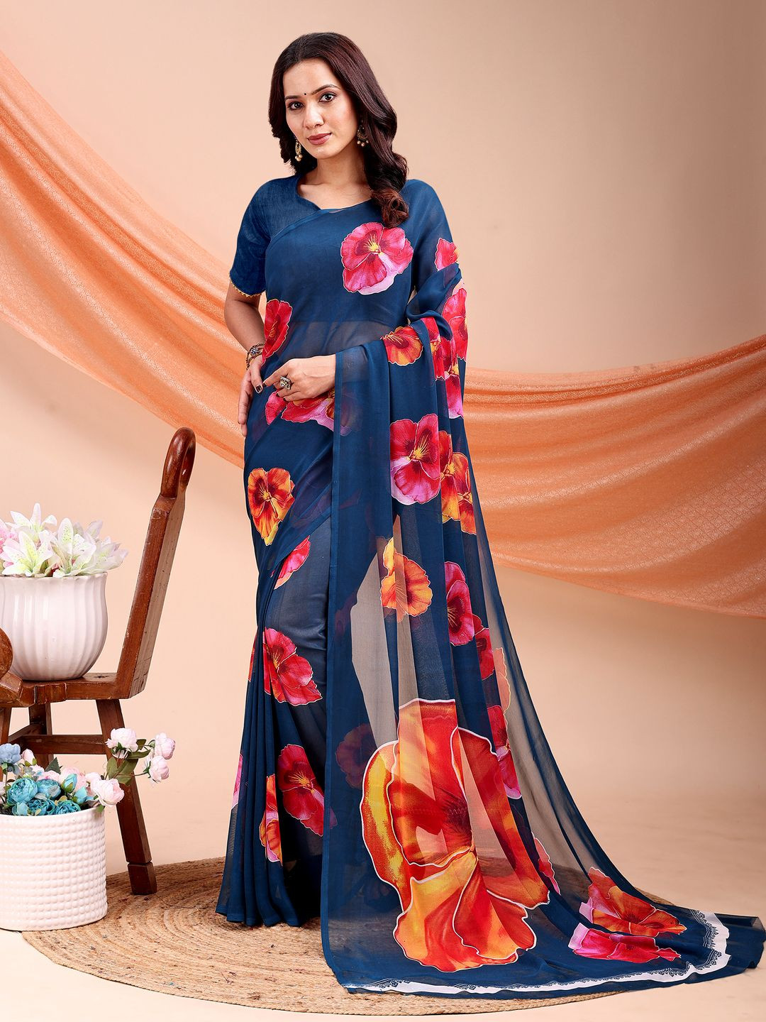 Leelavati Floral Printed Pure Chiffon Saree