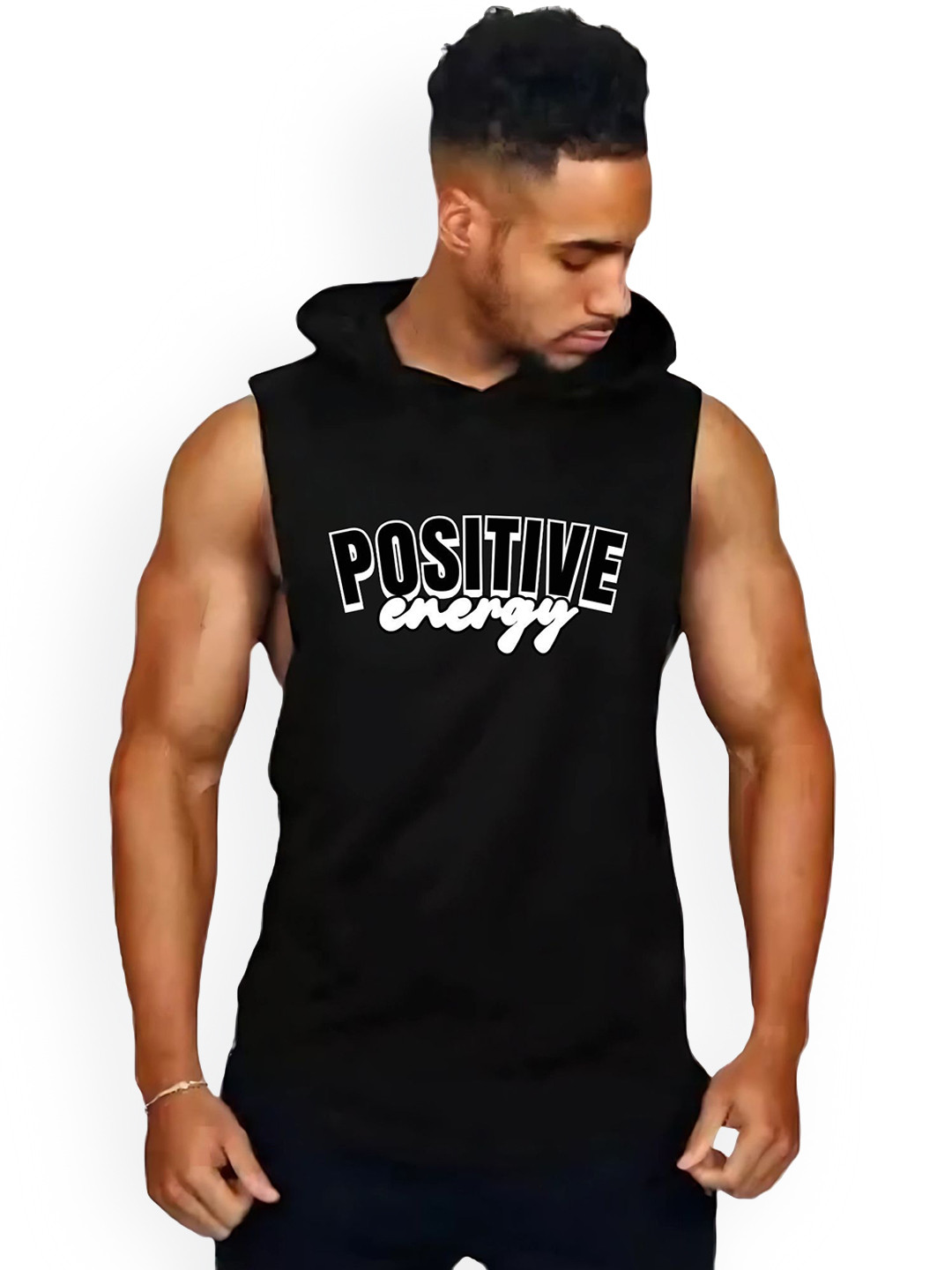 Fashnobic Men Postive Energy Printed Hooded Neck Cotton Gym Vest