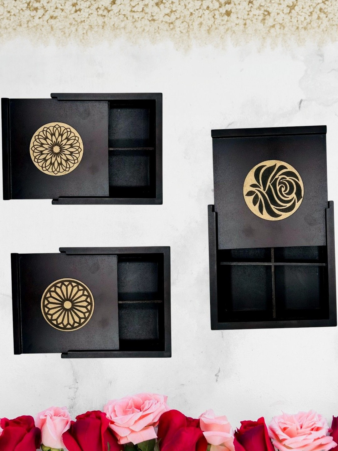 Angira handicrafts Set of 3 Wooden Multipurpose 4 Section Handcrafted Square Box
