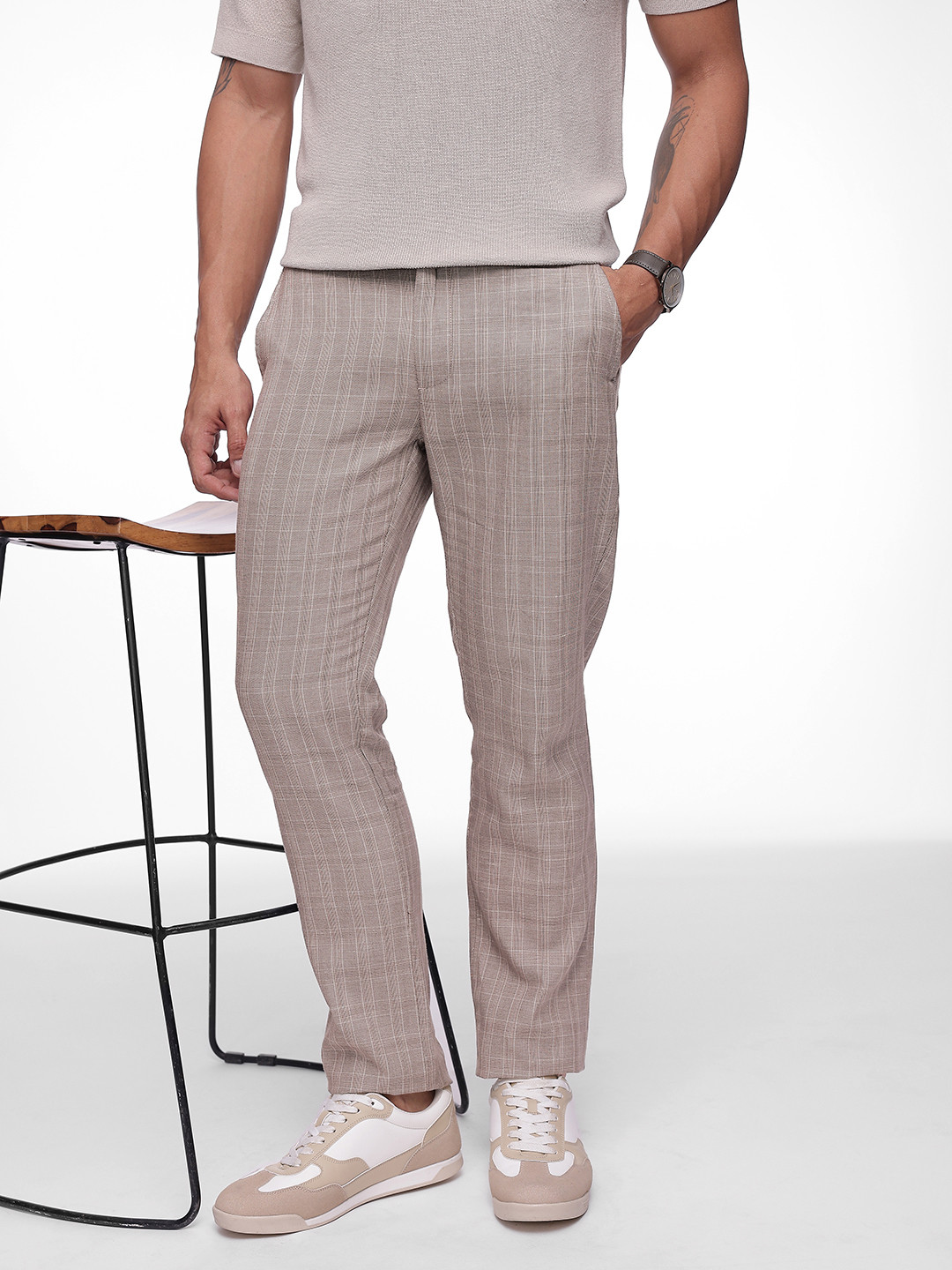 French Connection Men Slim Fit Checked Cotton Linen Casual Trousers