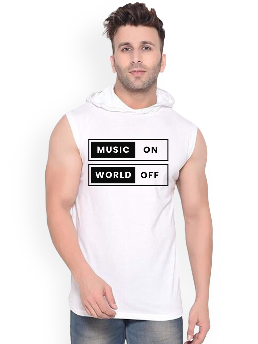 Fashnobic trendy Men Music ON Printed Hooded Gym Vest