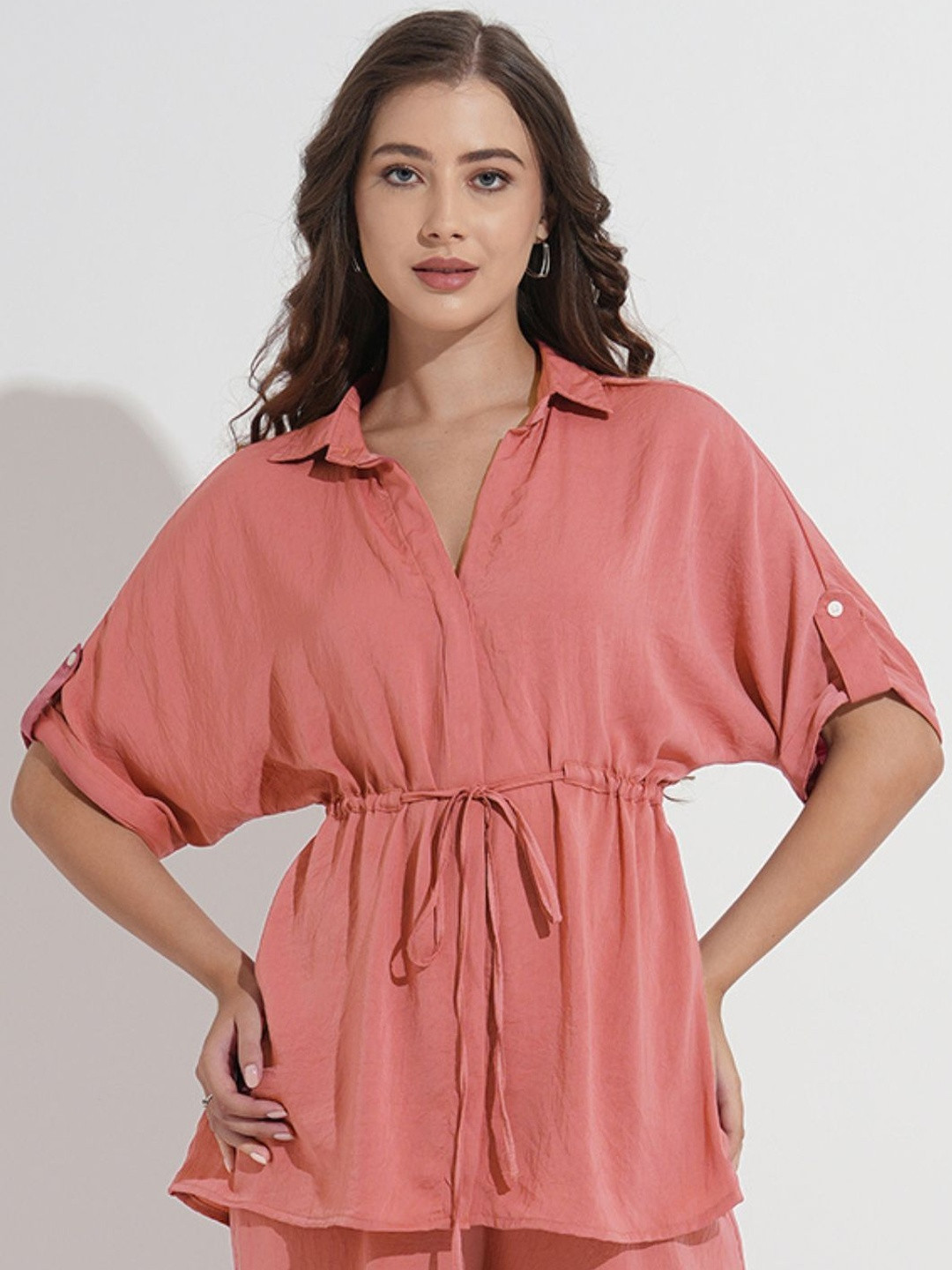 Murcia Women Solid Waist Tie-Ups Shirt Style Roll-Up Sleeves Satin Shirt Style Top