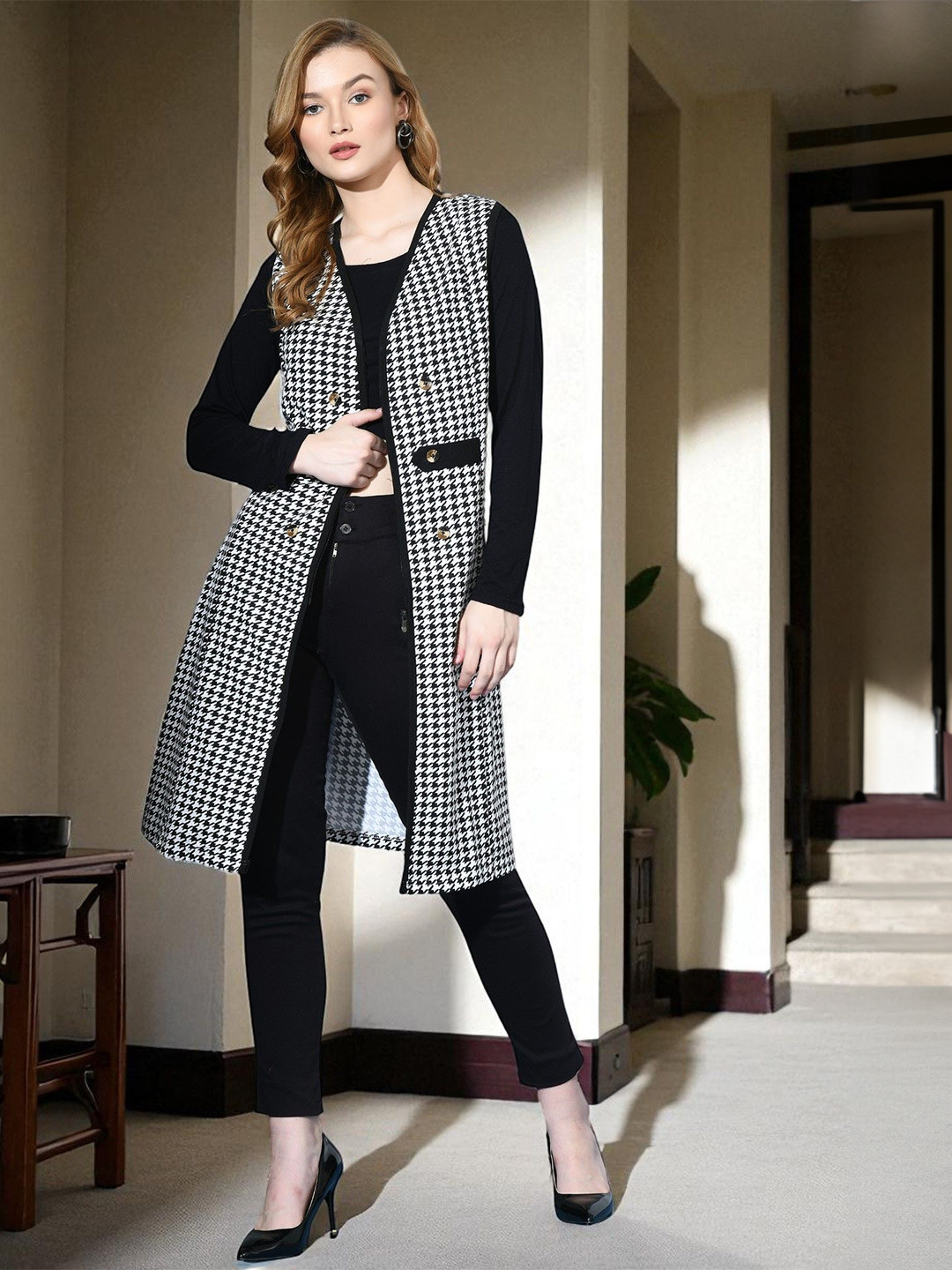 SFOTY Checked Longline Button Shrug