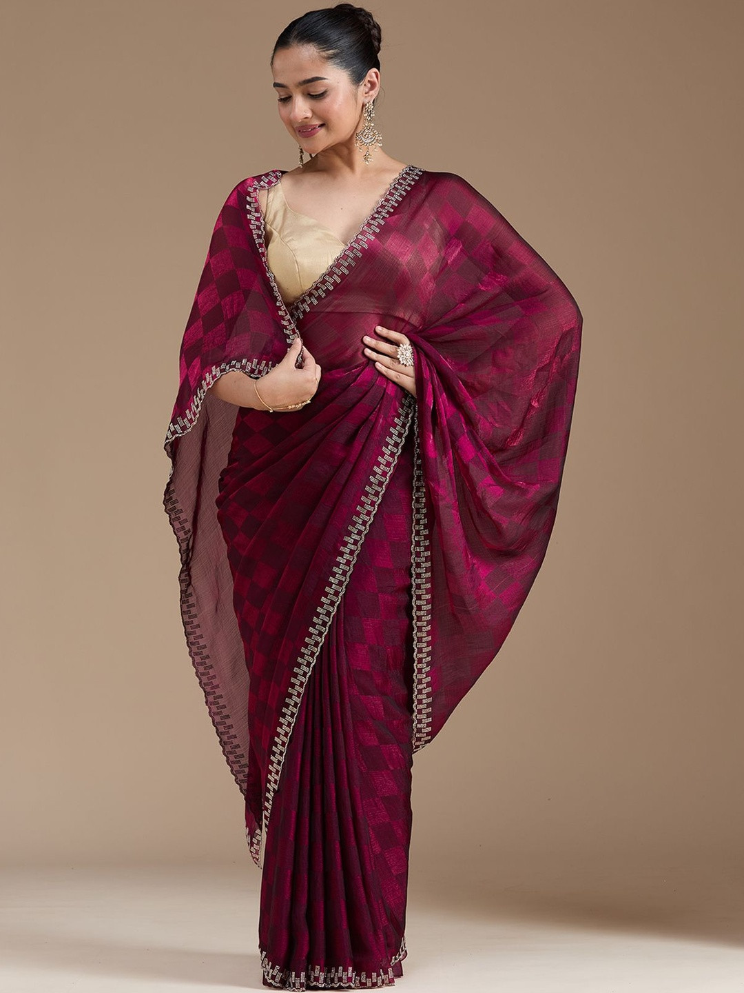 Koskii Wine Stone Work Gold Tissue Saree