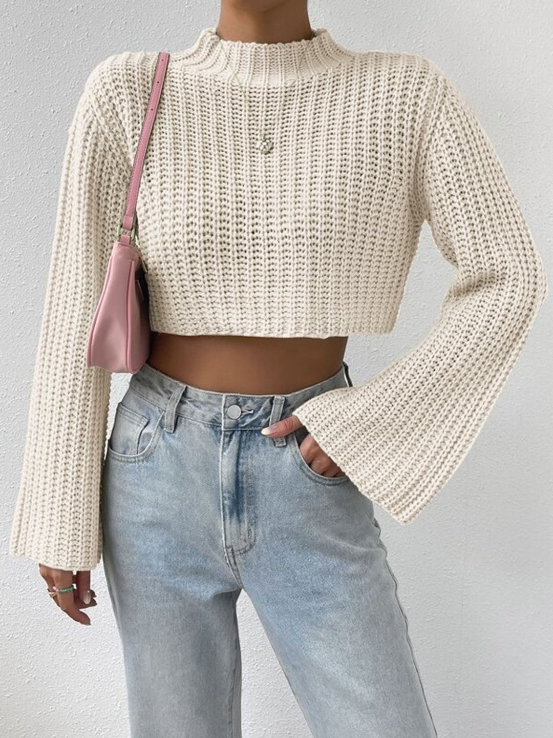 StyleCast Women Off White Ribbed High Neck Crop Top