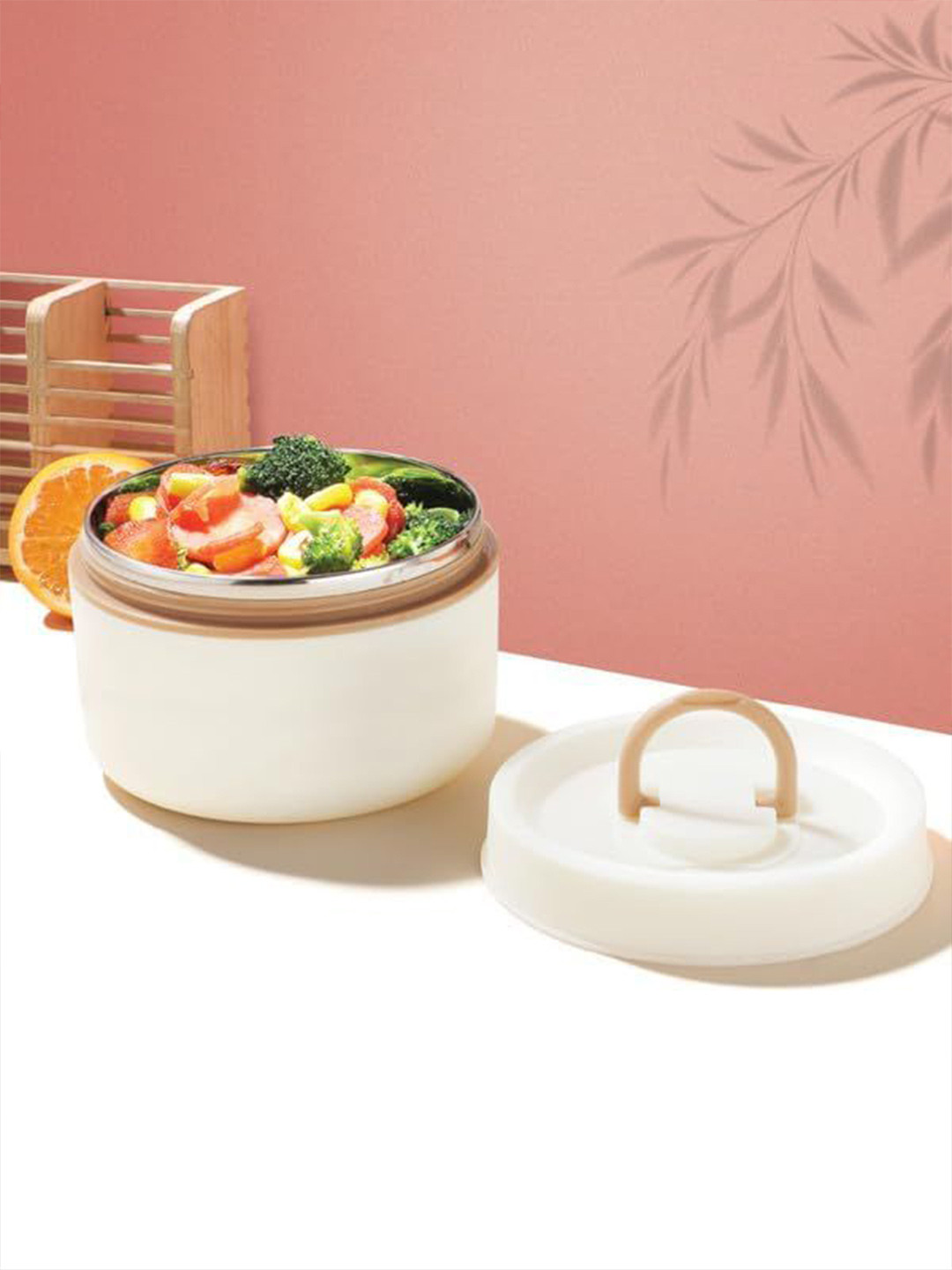 Classic Essentials White & Brown Stainless Steel Lunch Box-600 ml