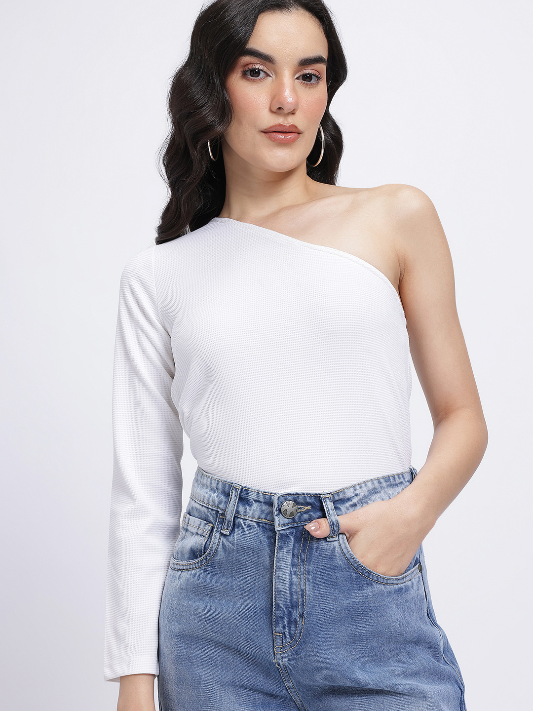 glitchez Waffle Knit One Shoulder Top