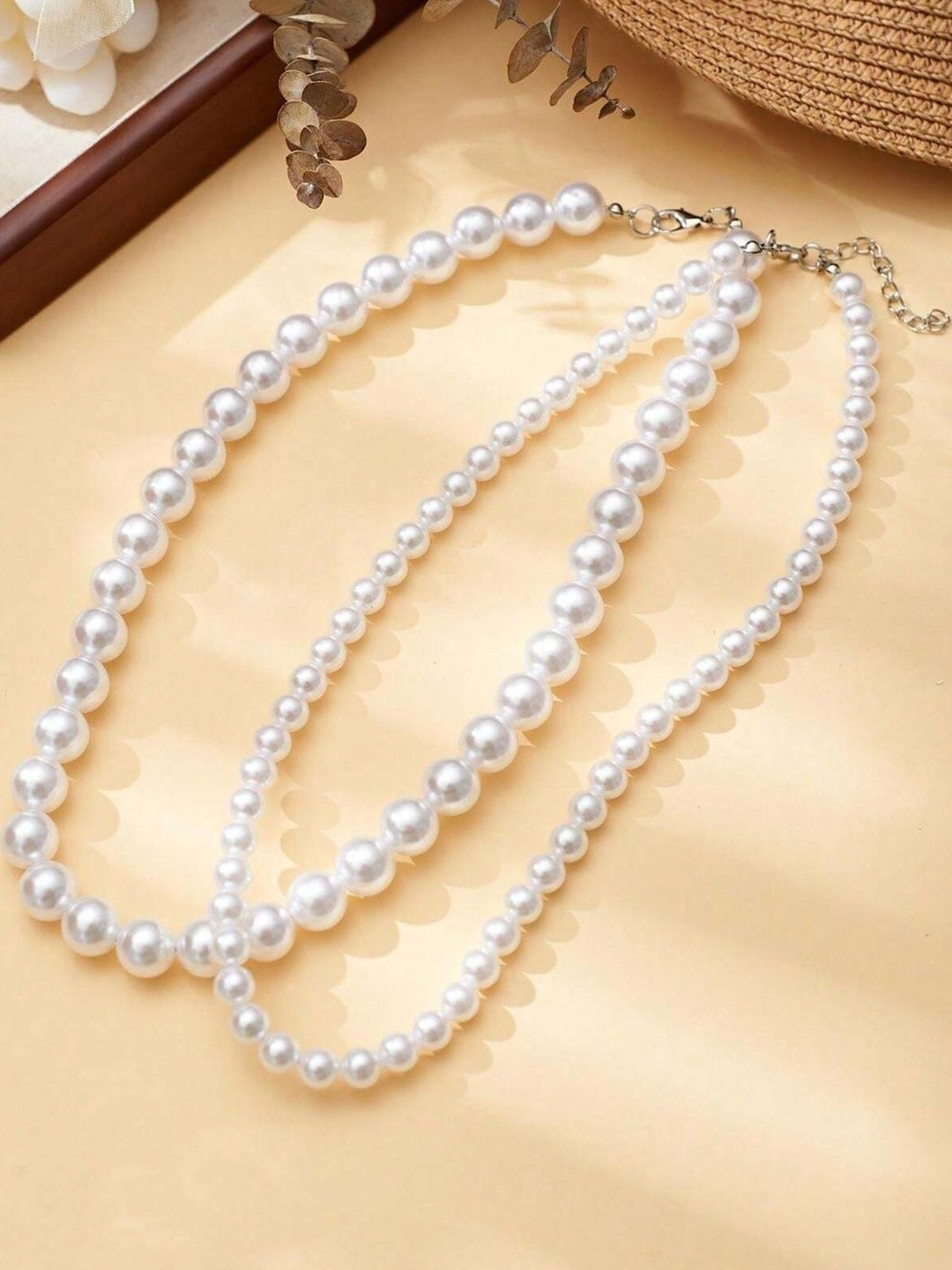 Its 4 You Set Of 2 Silver-Plated Pearls Beaded Minimal Necklace