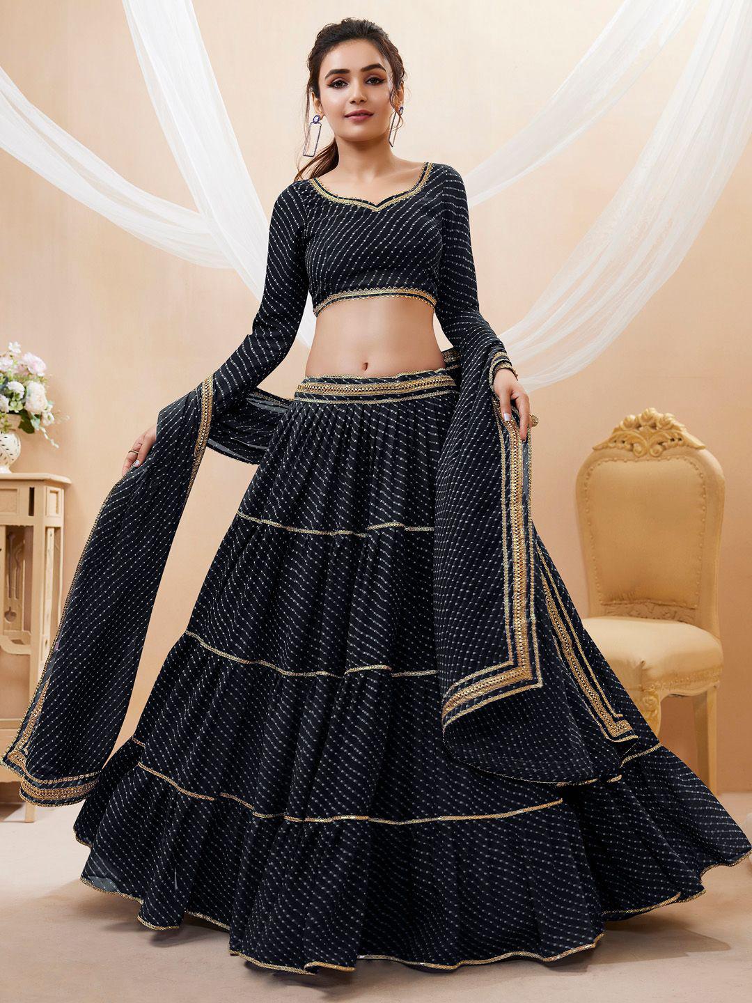 Zeel Clothing Printed Zari Georgette Semi-Stitched Lehenga & Blouse With Dupatta