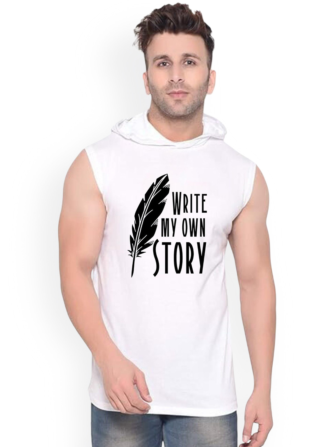 Fashnobic Men Write My Own Story Printed Hooded Gym Vests