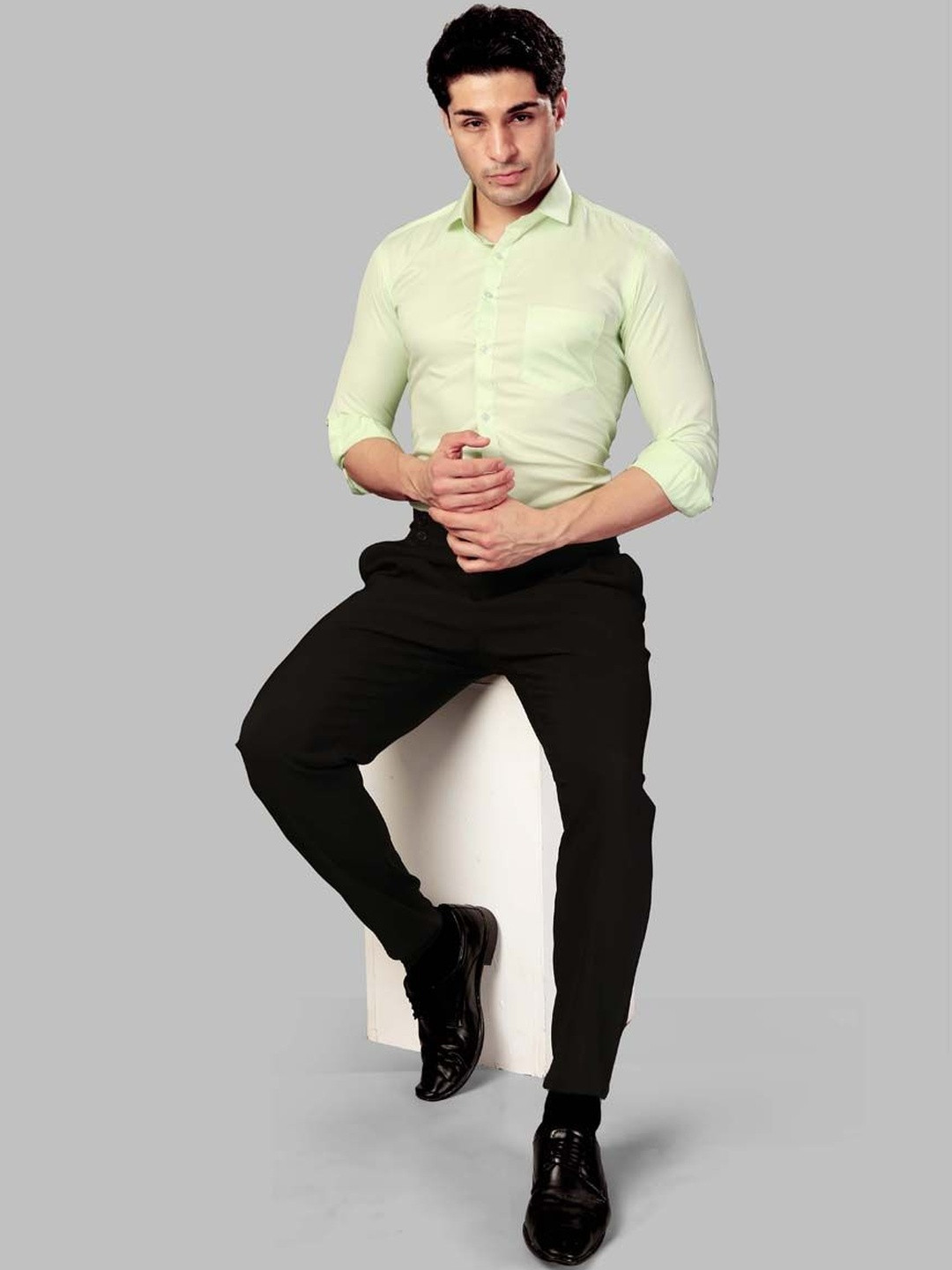 UR ETHICS Men Lime Green Self Design Slim Fit Premium Semiformal Shirts