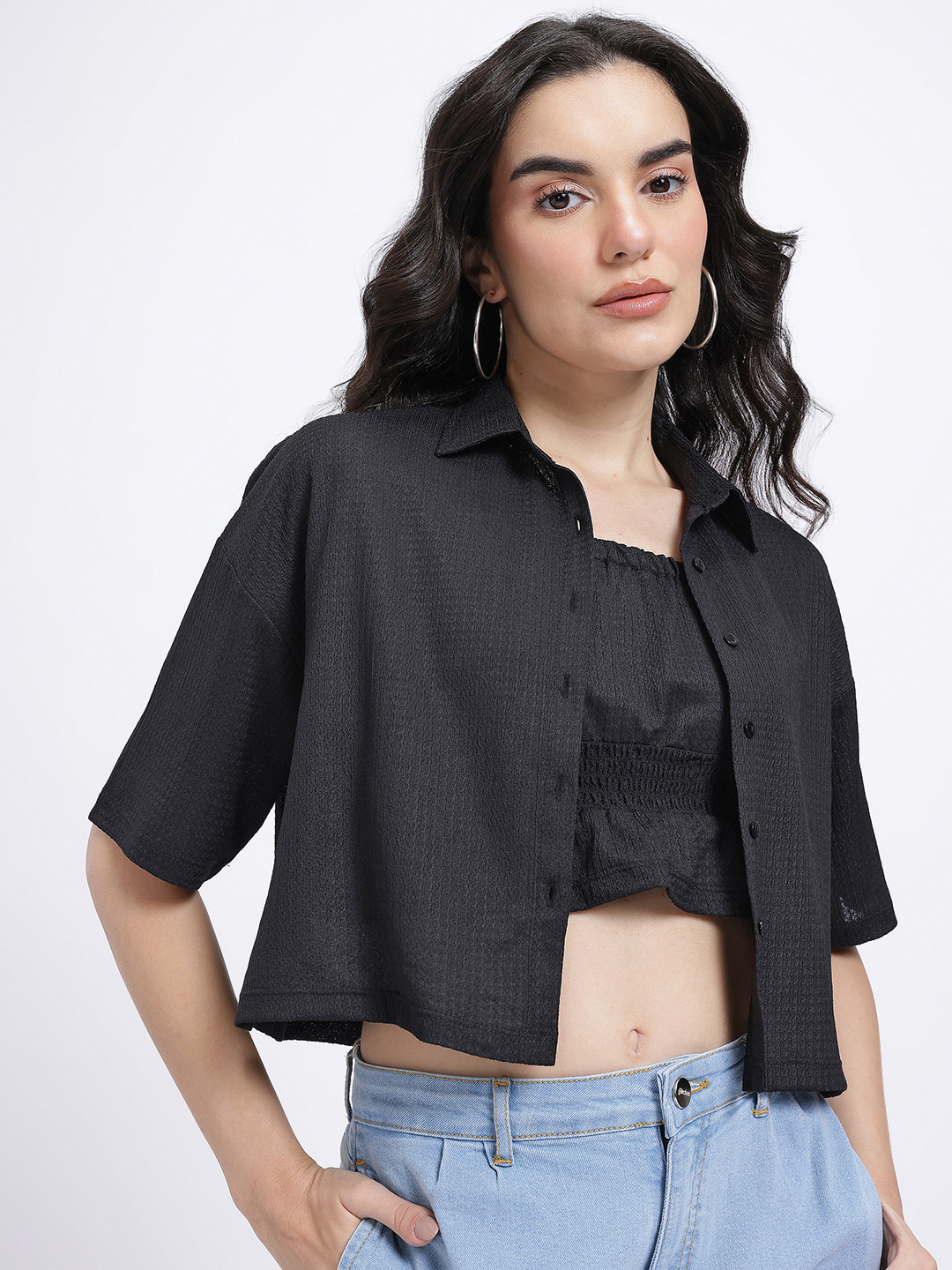 glitchez Smocked Ruffle Detail Top With Textured Shirt