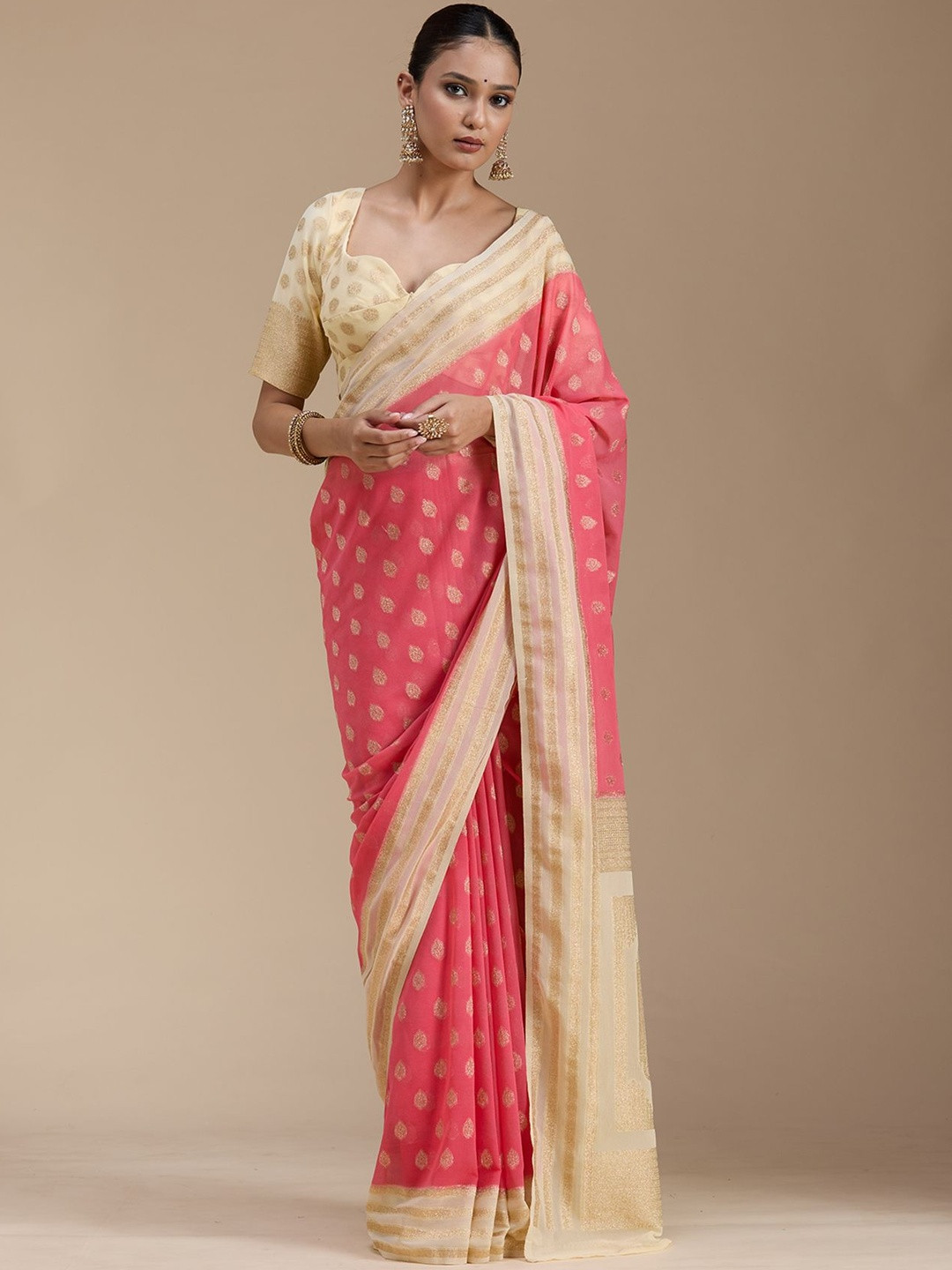 Koskii Women Peach Zariwork Georgette Silk Saree