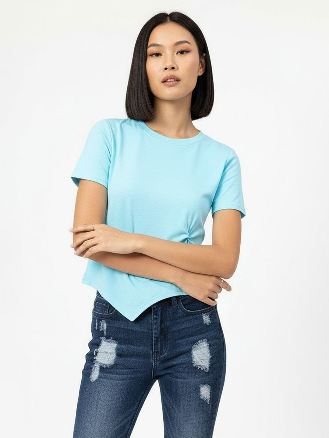 DressBerry Minimalism Essential Twisted Knot Asymmetric Hem T-shirt