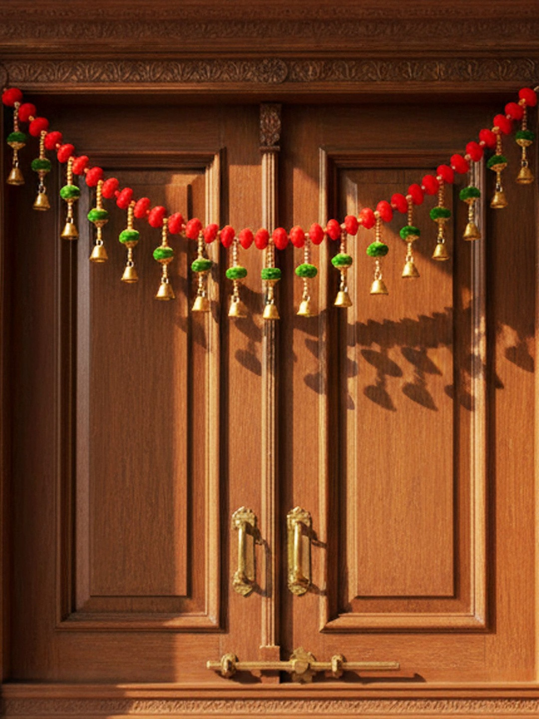 Go Hooked 2pcs Pom-Pom Balls Toran with Hanging Golden Bells for Door Decoration
