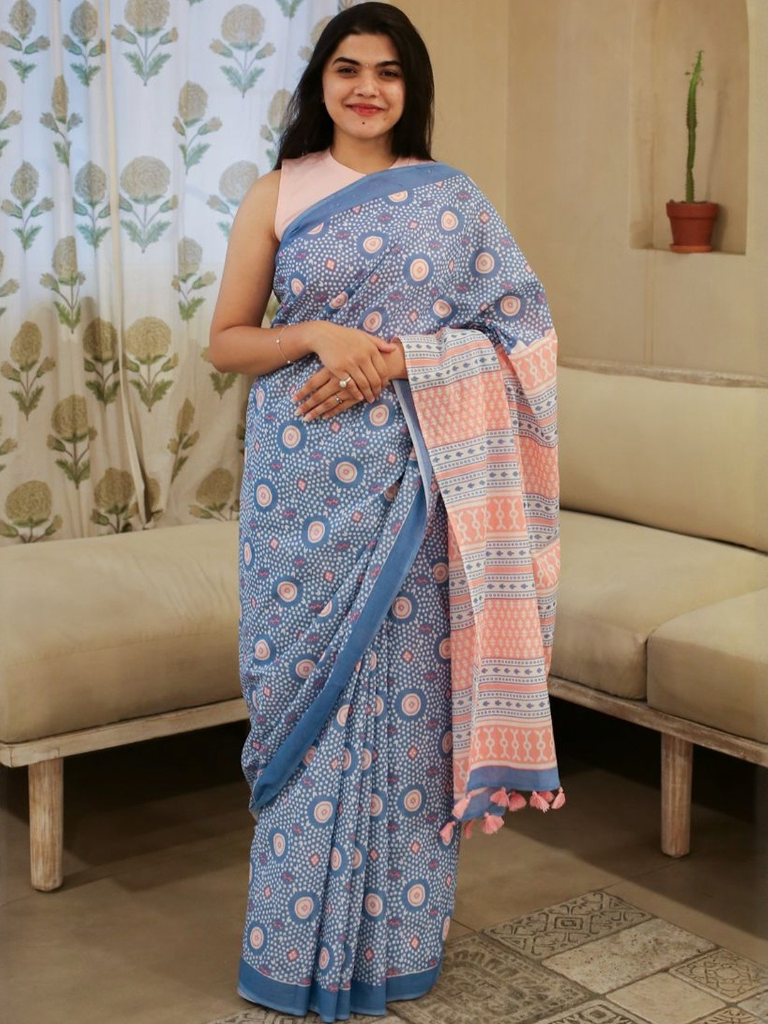 Moora Morning Reverie Geometric Printed Pure Cotton Block Print Saree With Blouse Piece