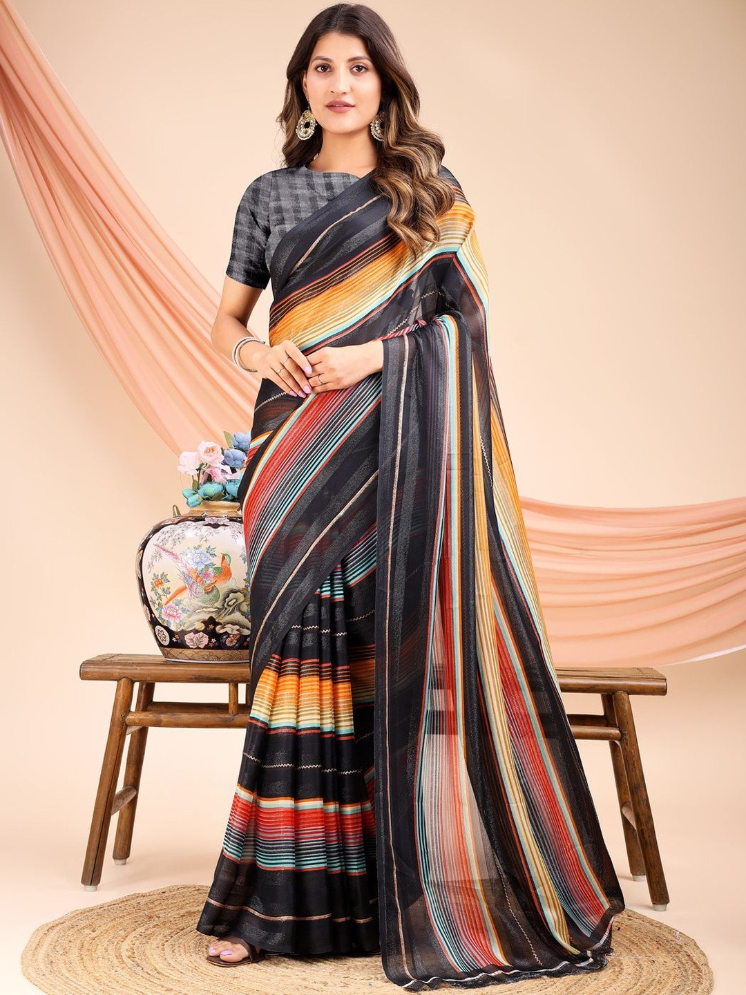 Leelavati Striped Pure Chiffon Designer Saree