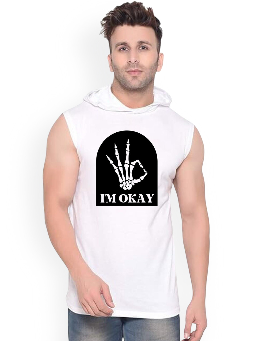 Fashnobic Men I M Ok Printed Hooded-Neck Gym Vests