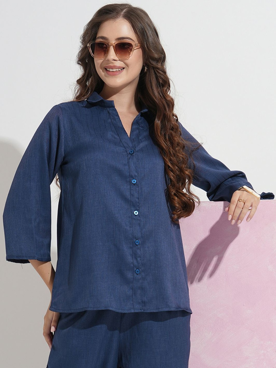 Murcia Women Blue Denim Self Design Regular Fit Formal Shirts
