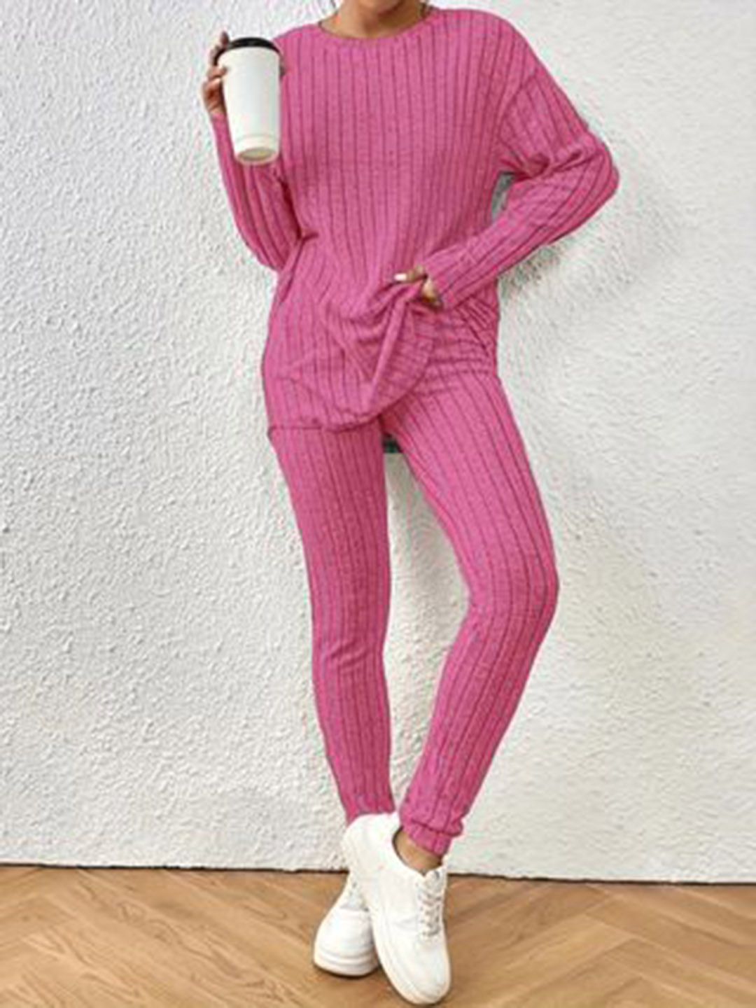 StyleCast Women Ribbed Long Sleeves Round Neck T-Shirt With Trouser Co-Ords