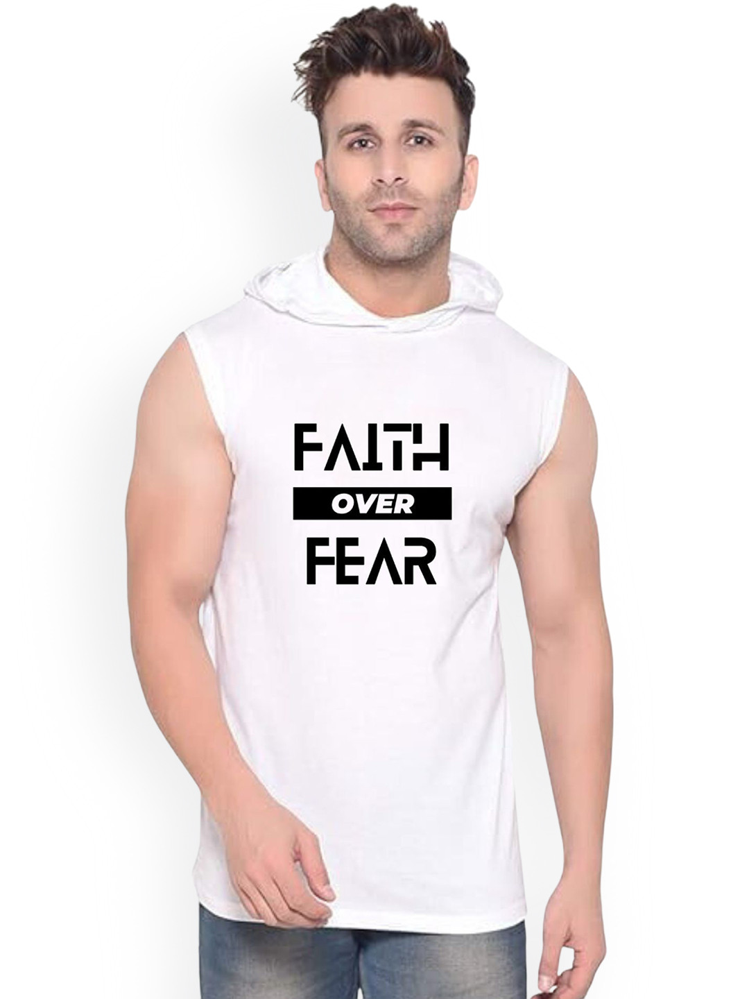 Fashnobic Men Faith Over Fear Printed Hooded Neck Gym Vests