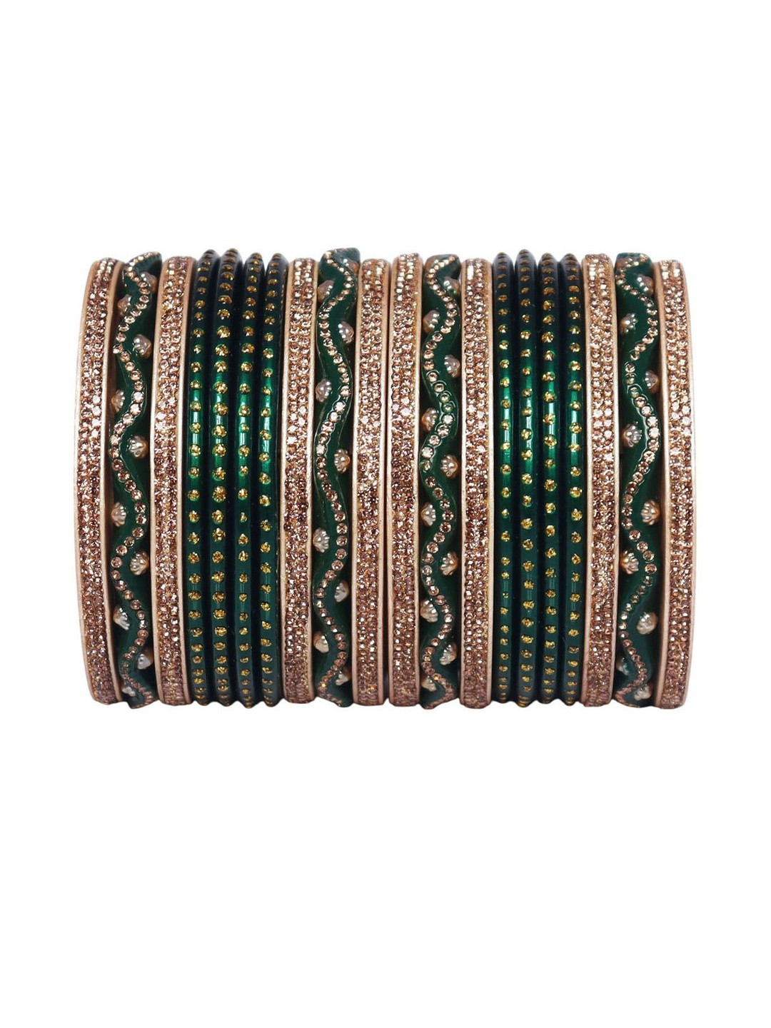 TAJ BRIDAL STORE Set Of 20 Rhinestones Studded Zig-Zag Lac Bangles