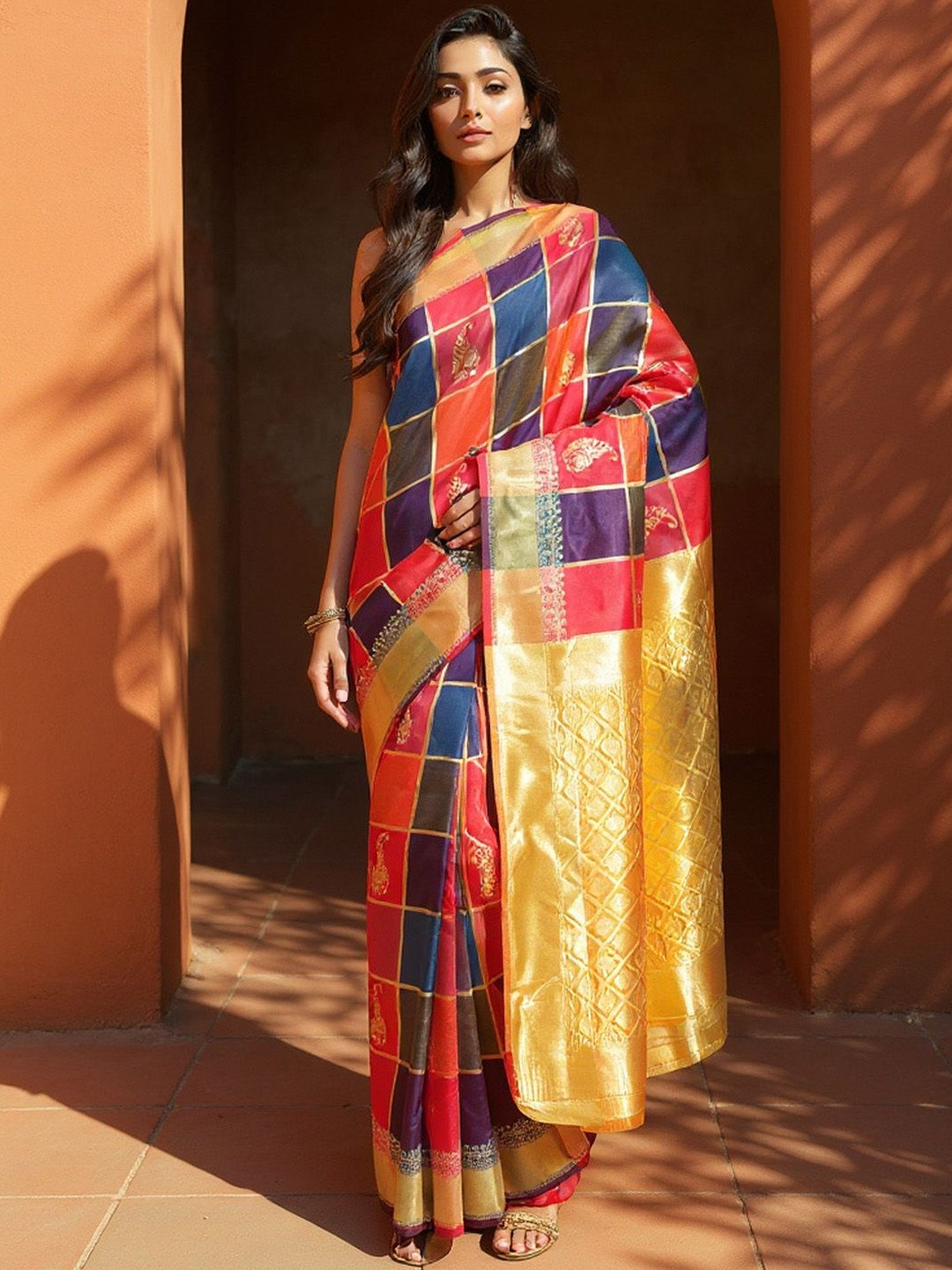 Anouk Rustic Checked Heavy Work Banarasi Saree