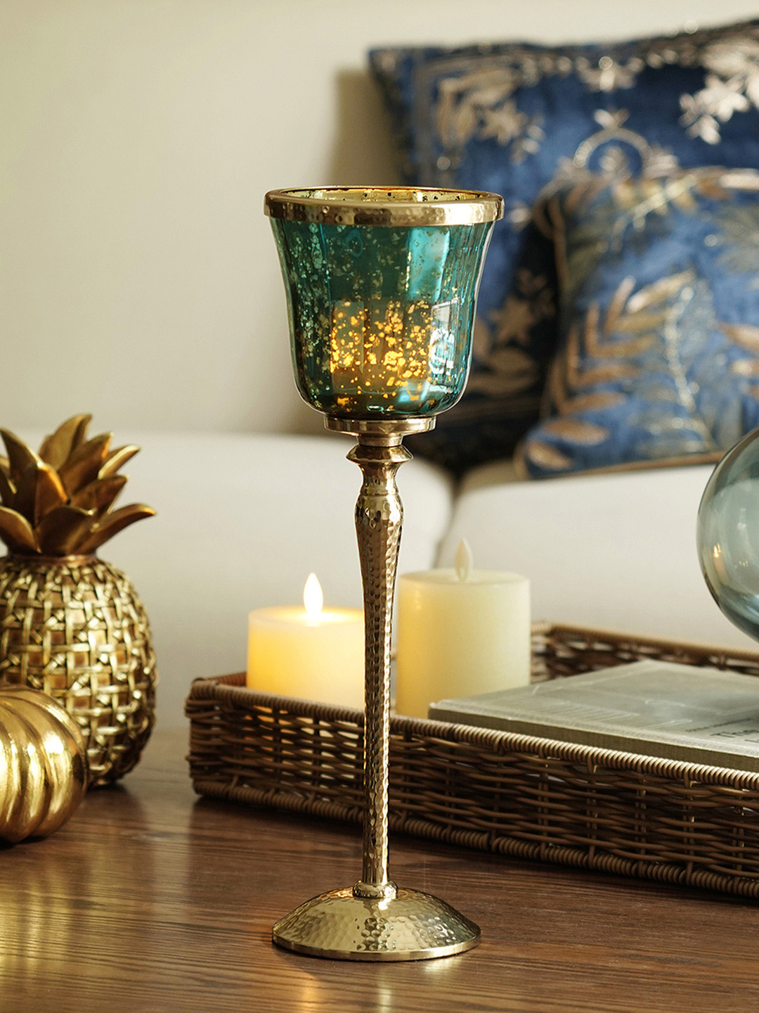 Pure Home and Living Green & Gold-Toned Glass Candle Holder