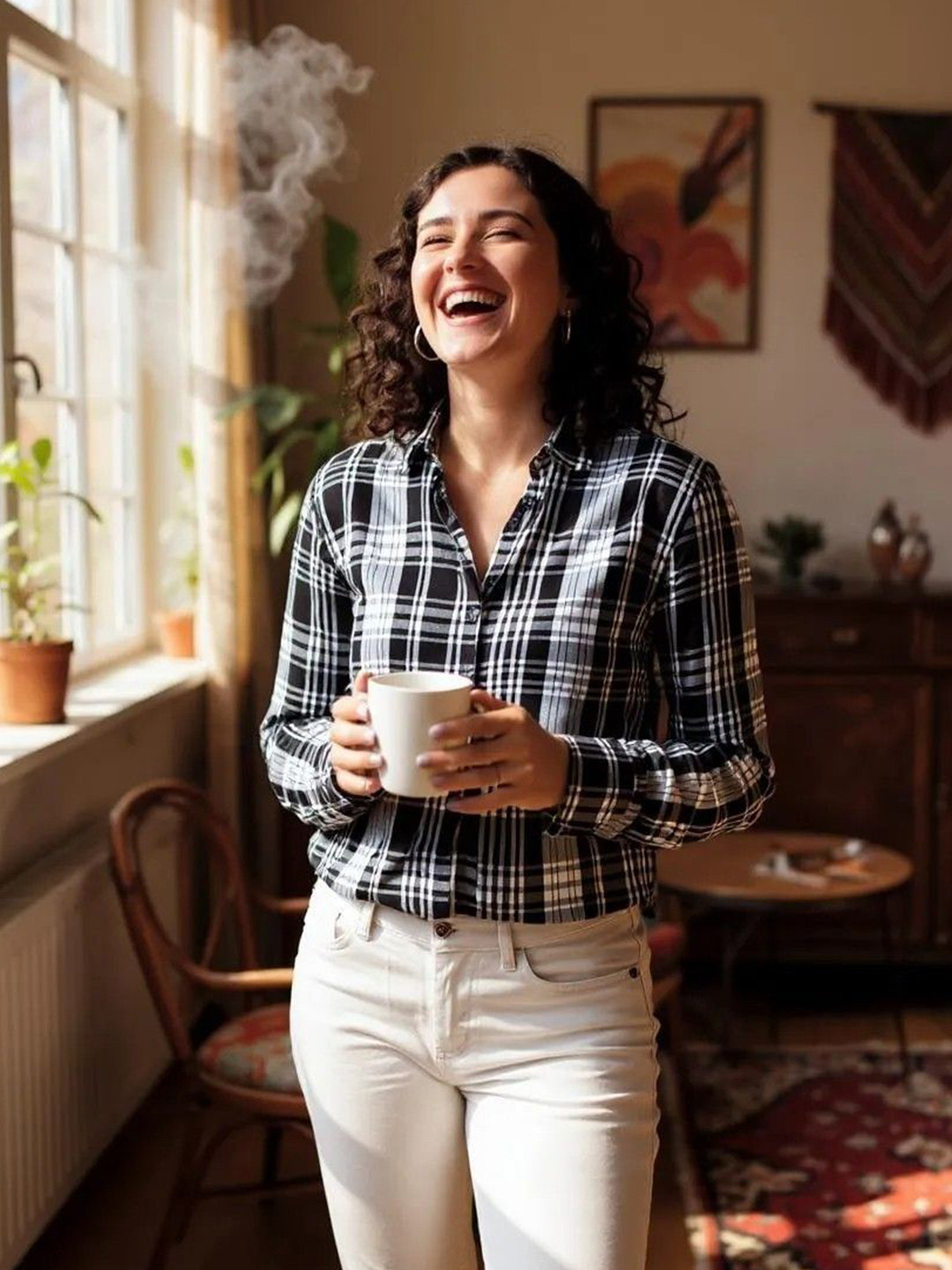 INUKA Women Classic Fit Tartan Checked Spread Collar Casual Shirt
