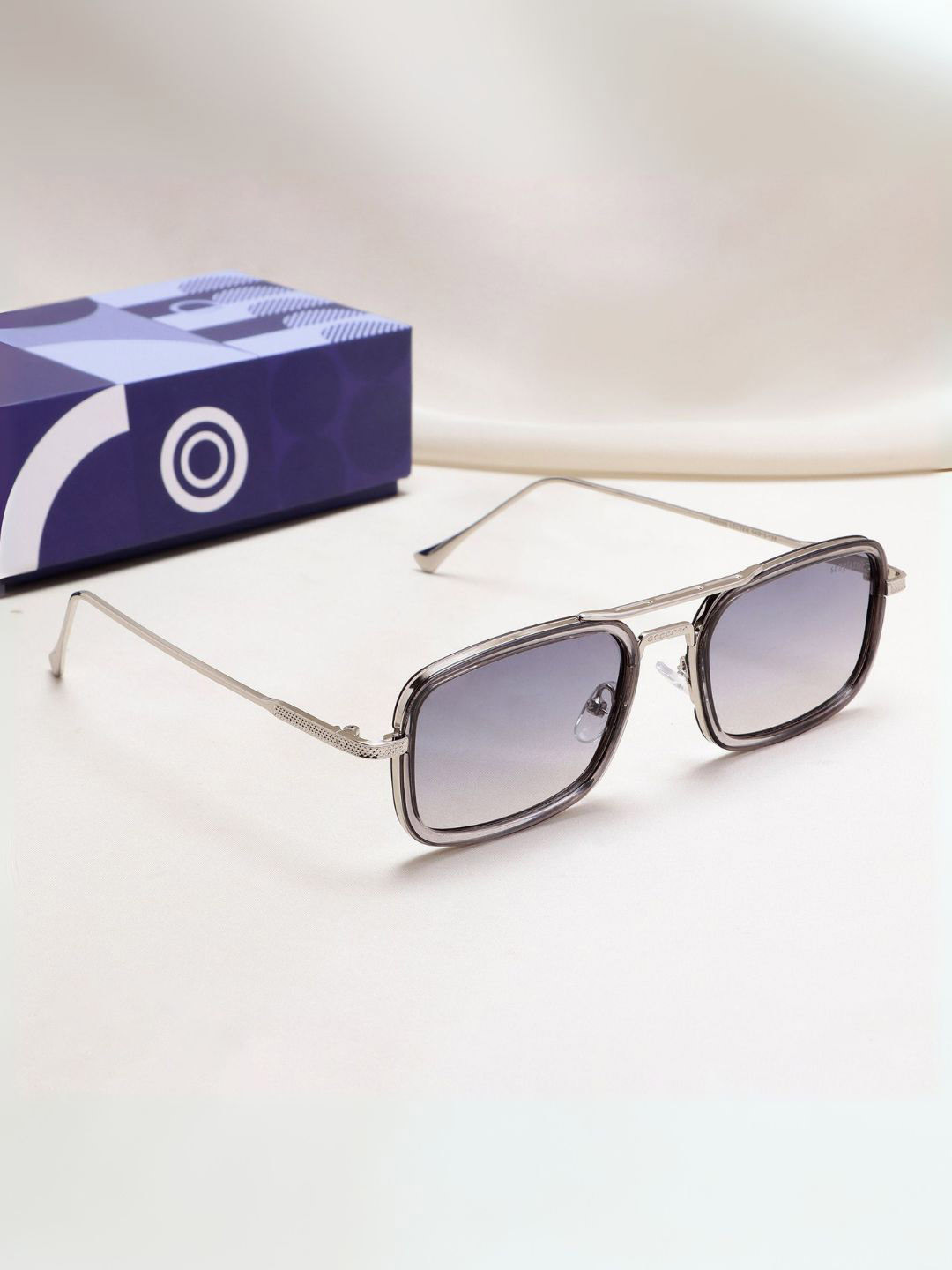 SUNGLASSIC Unisex Rectangle Sunglasses with UV Protected Lens LECTER-SILVER-BLUE-GR