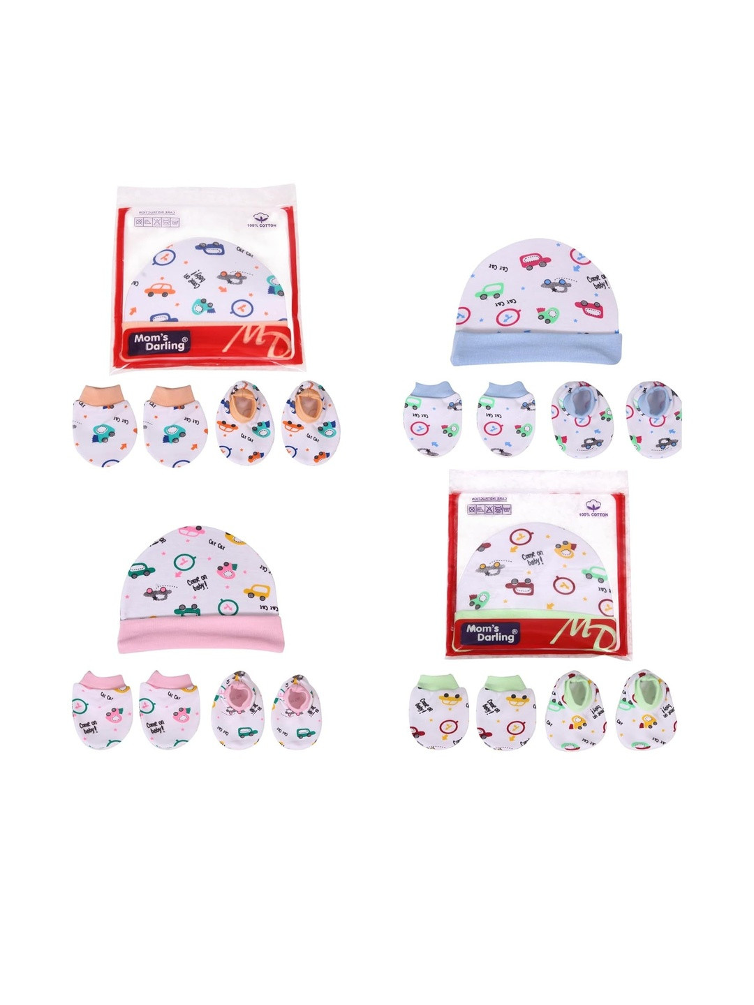 Mom's Darling Unisex Kids Pack of 4 Newborn Baby Cotton Cap, Mitten and Booties combo set