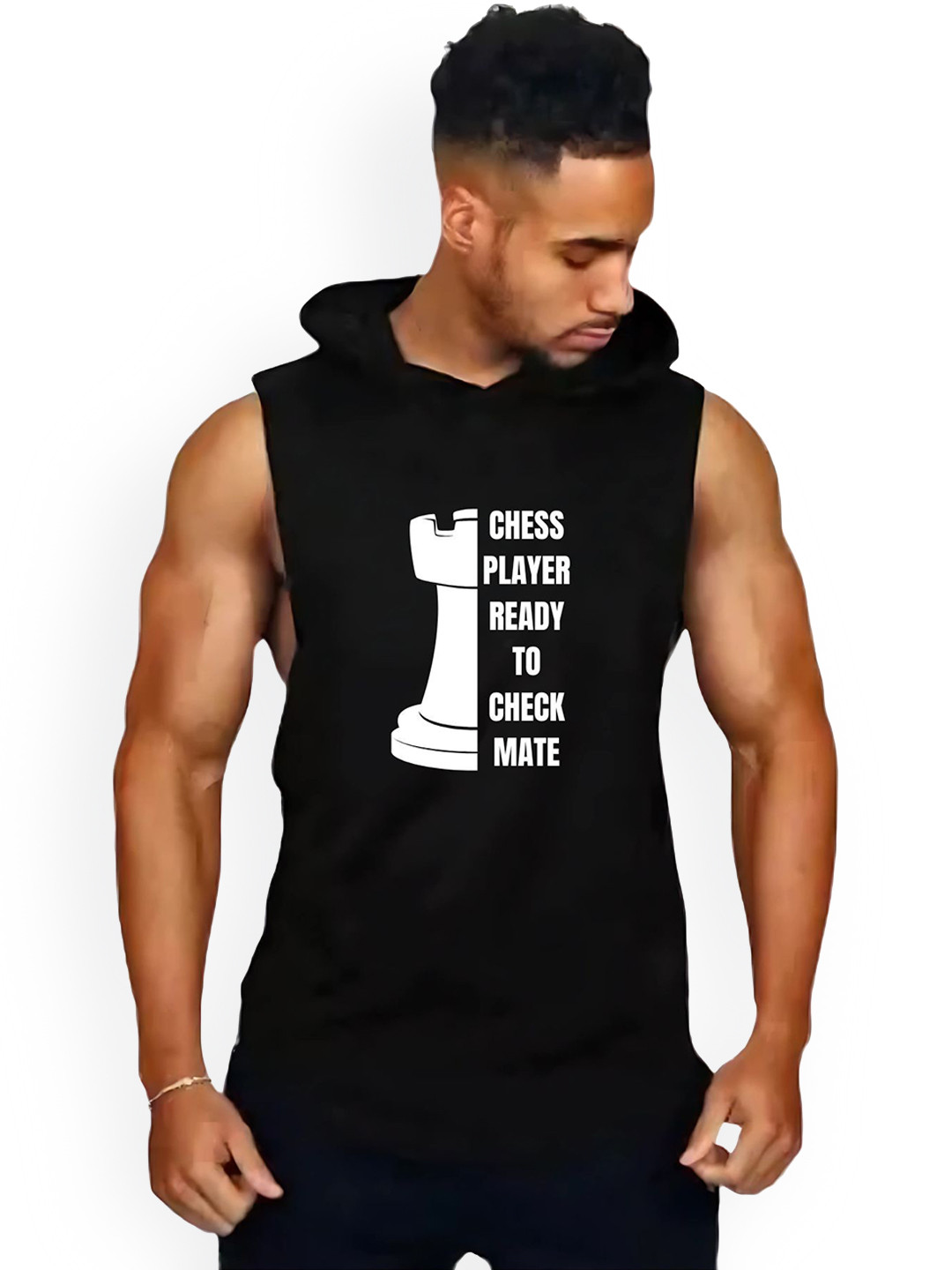 Fashnobic Men Chess Player Printed Hooded Neck Sleeveless Gym Vest