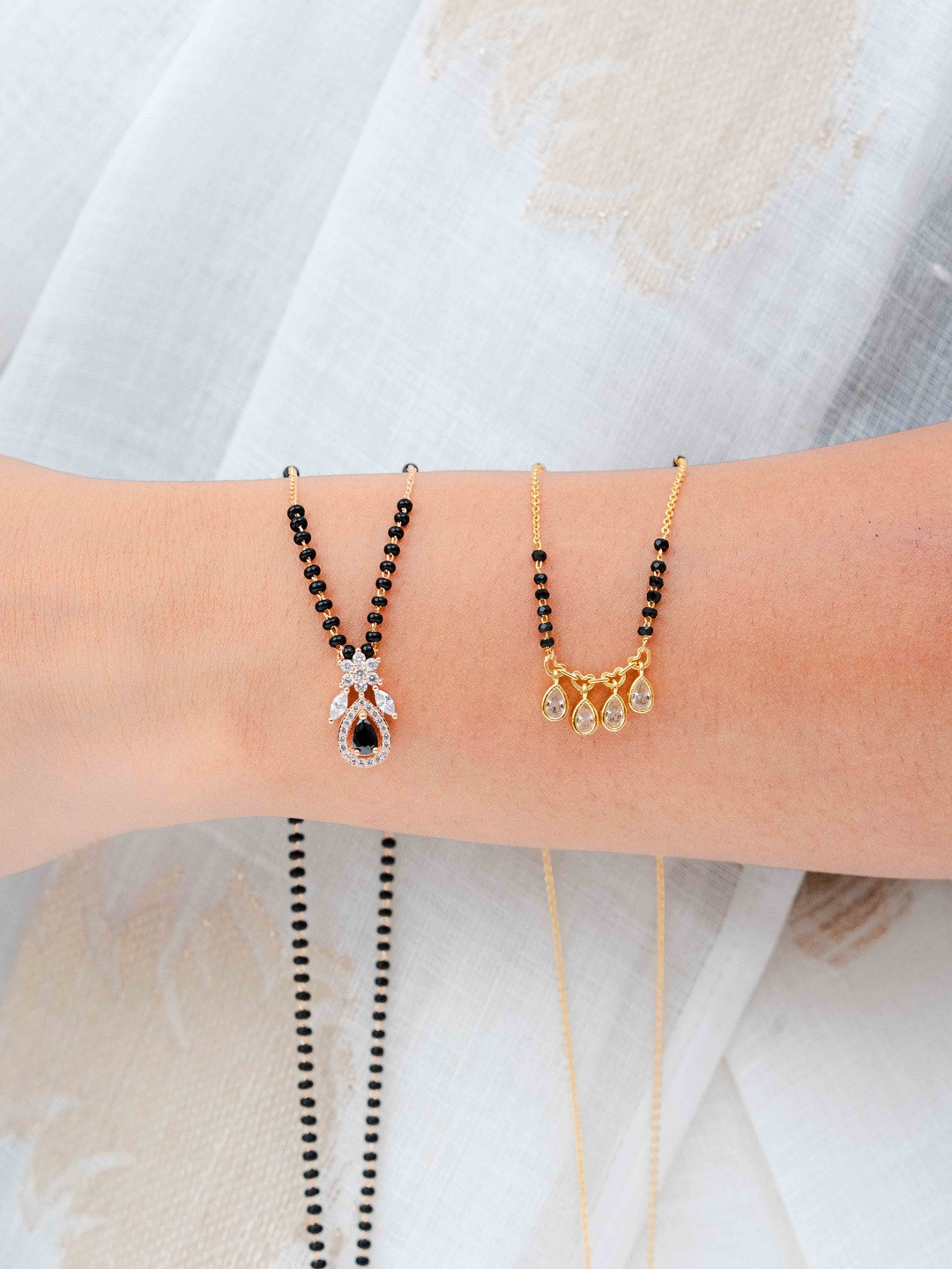 Zeraki Jewels Meher And Aanya Set Of 2 Stones Studded & Beaded Teardrop Shape Mangalsutras