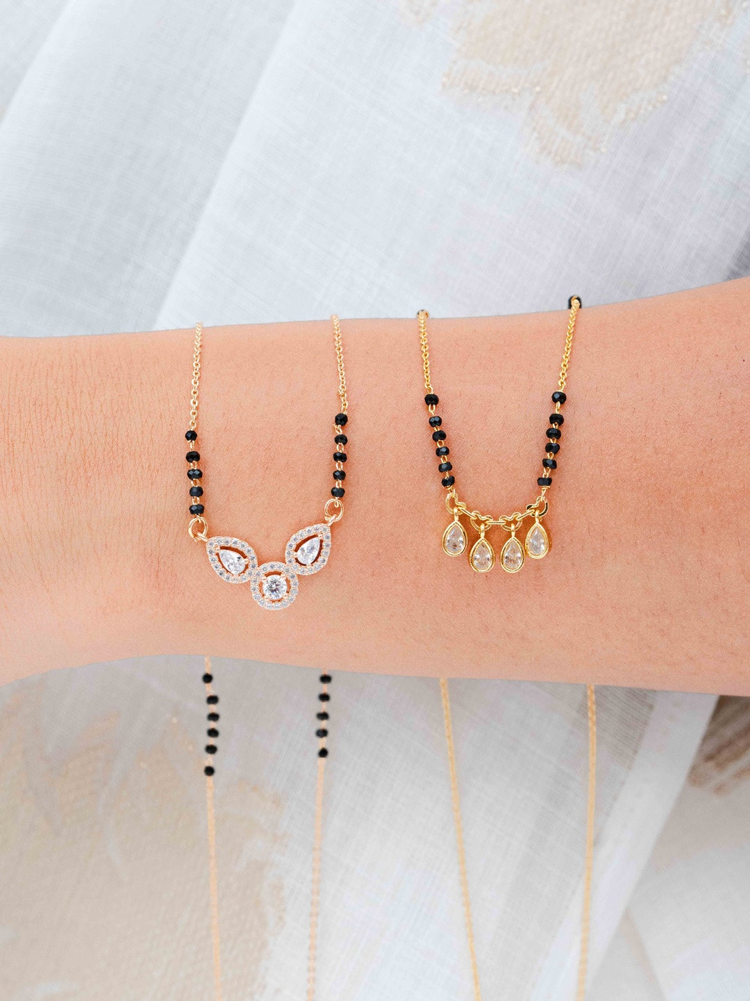 Zeraki Jewels Meher And Mia Set Of 2 Stones Studded & Beaded Teardrop Shaped Mangalsutras