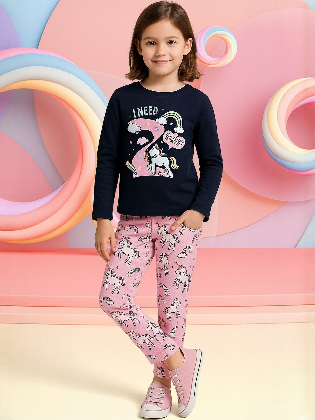 YK Girls Navy Blue & Pink Unicorn Printed Round Neck Cotton T-Shirt & Pyjama Night Suit