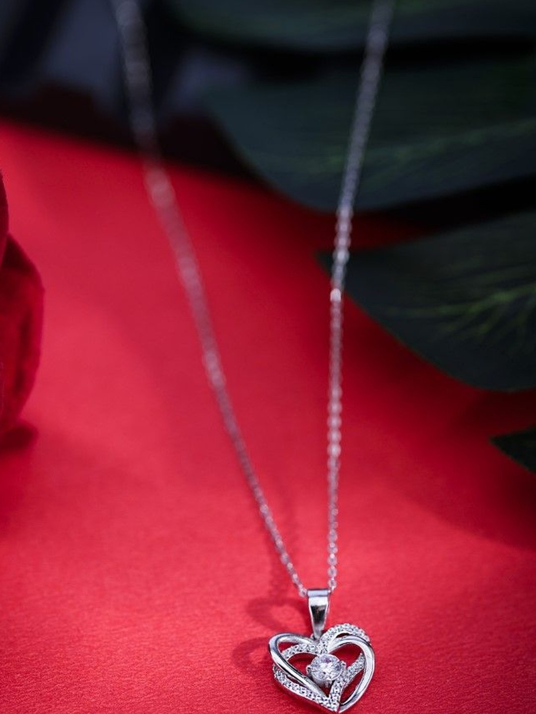 DIAVO Forever Yours Love Interlocking Hearts Silver Rhodium-Plated Stones Studded Necklace