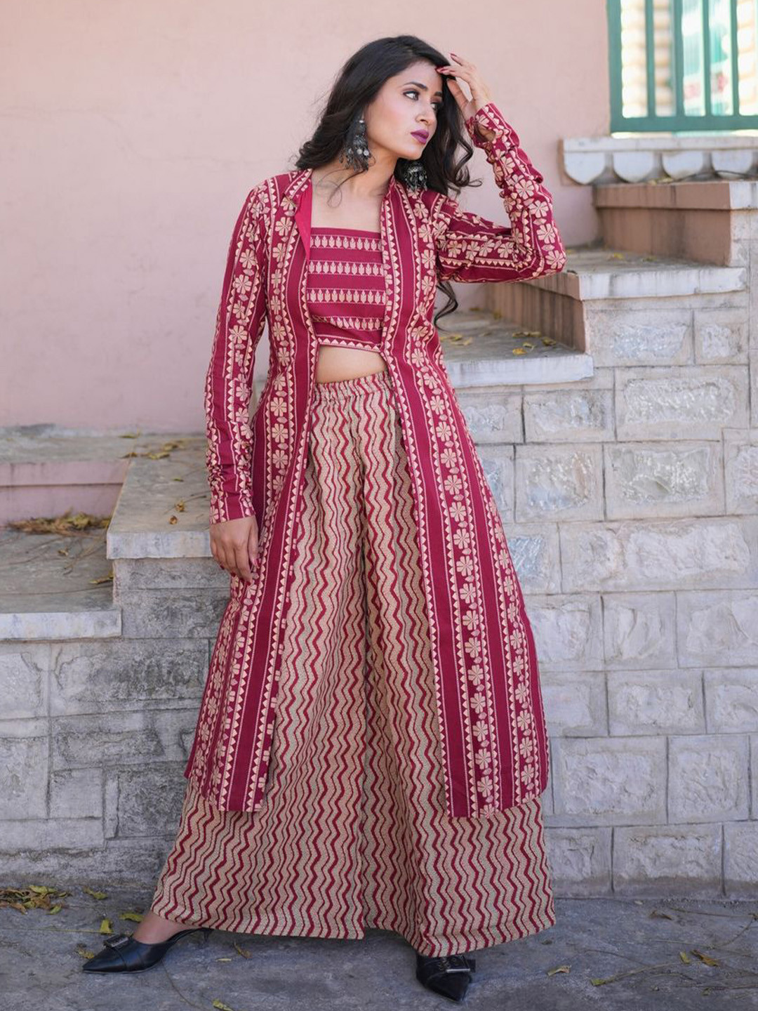 ADYASAA THE LABEL Women Square Neck Top with Palazzo & Jacket