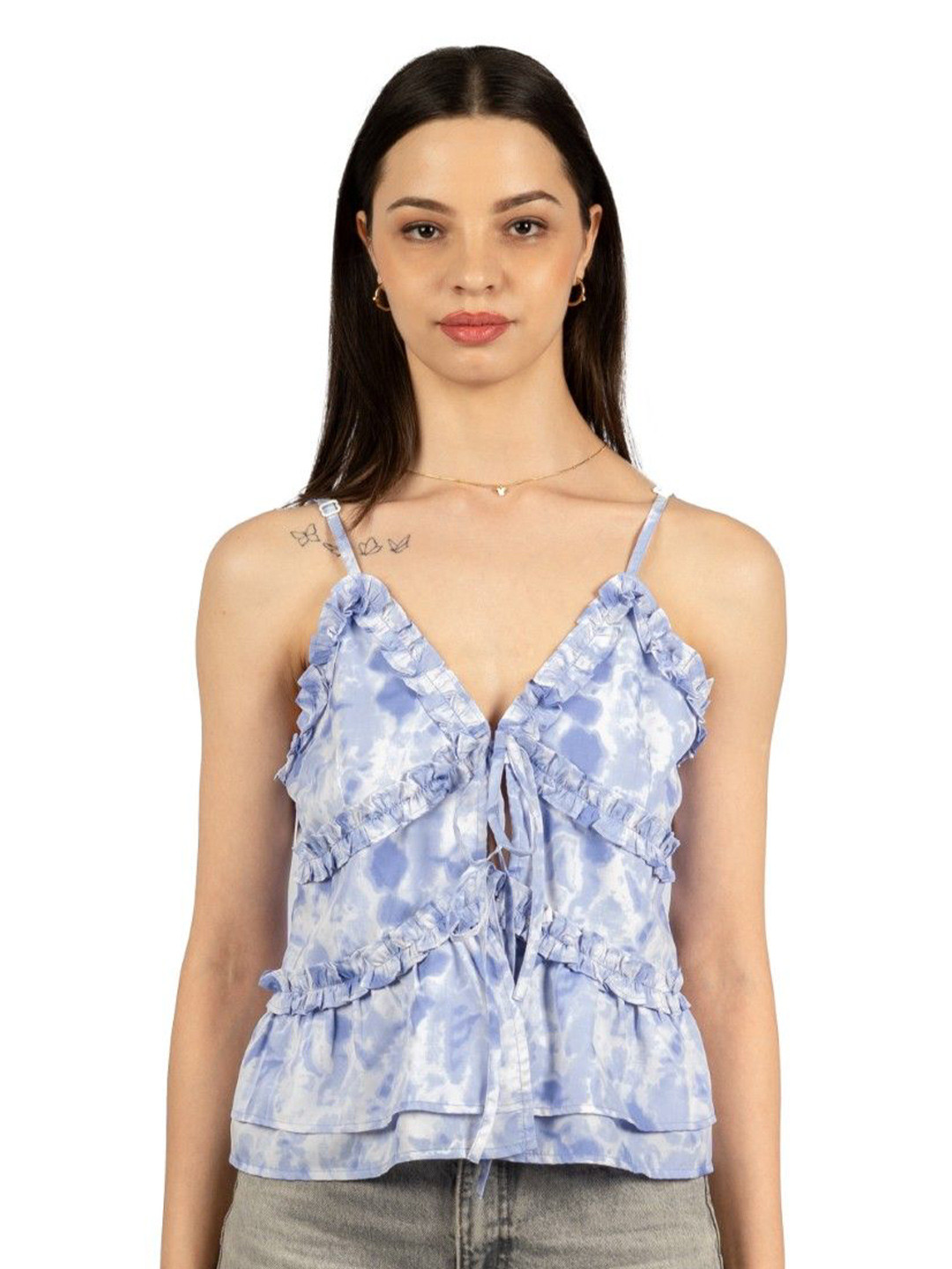 CORY EDGE Women Tie and Dye Shoulder Straps Ruffles Top