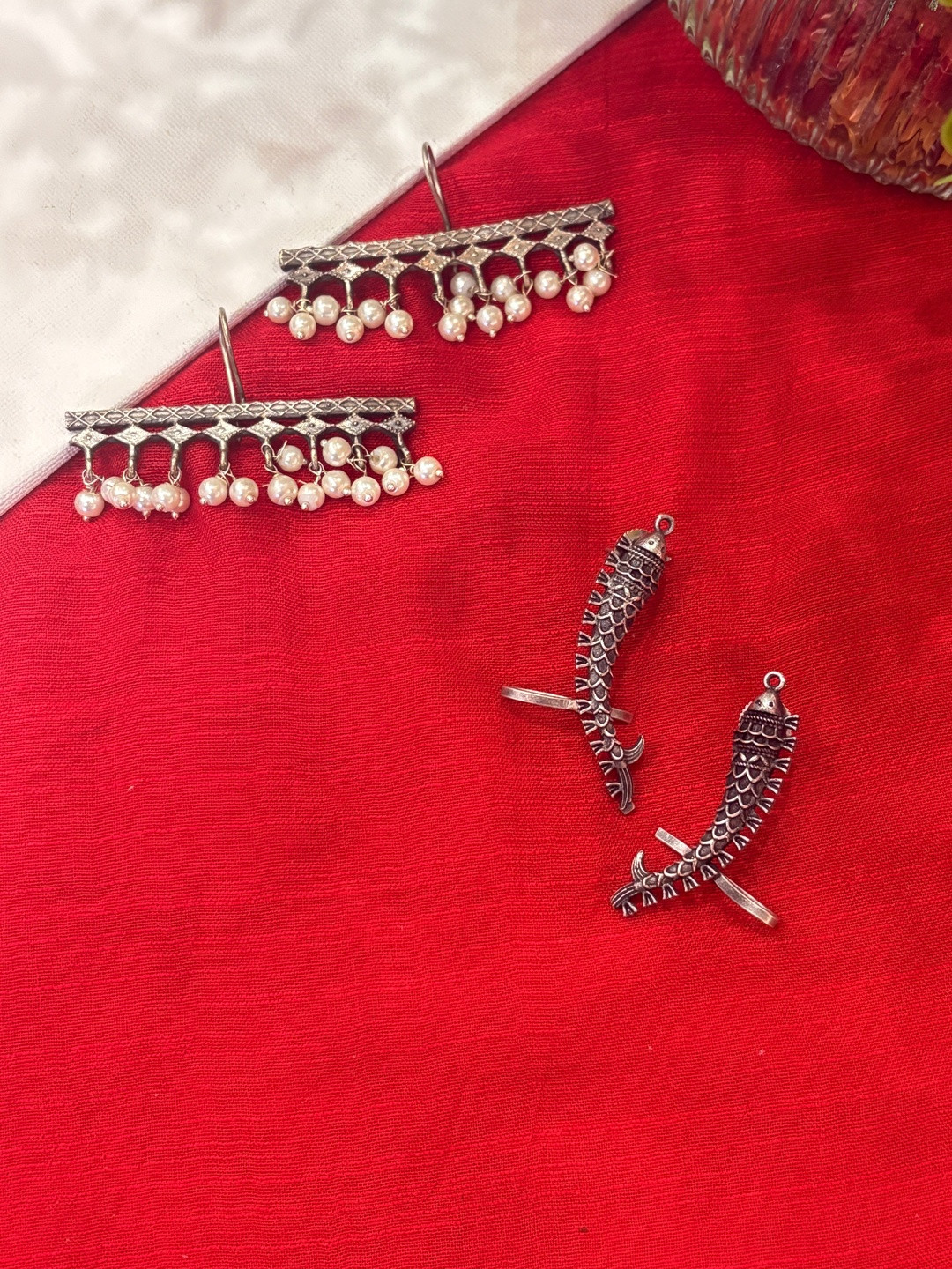 Niska Set Of 2 Silver-Plated Oxidised Artificial Beaded Ear Cuffs