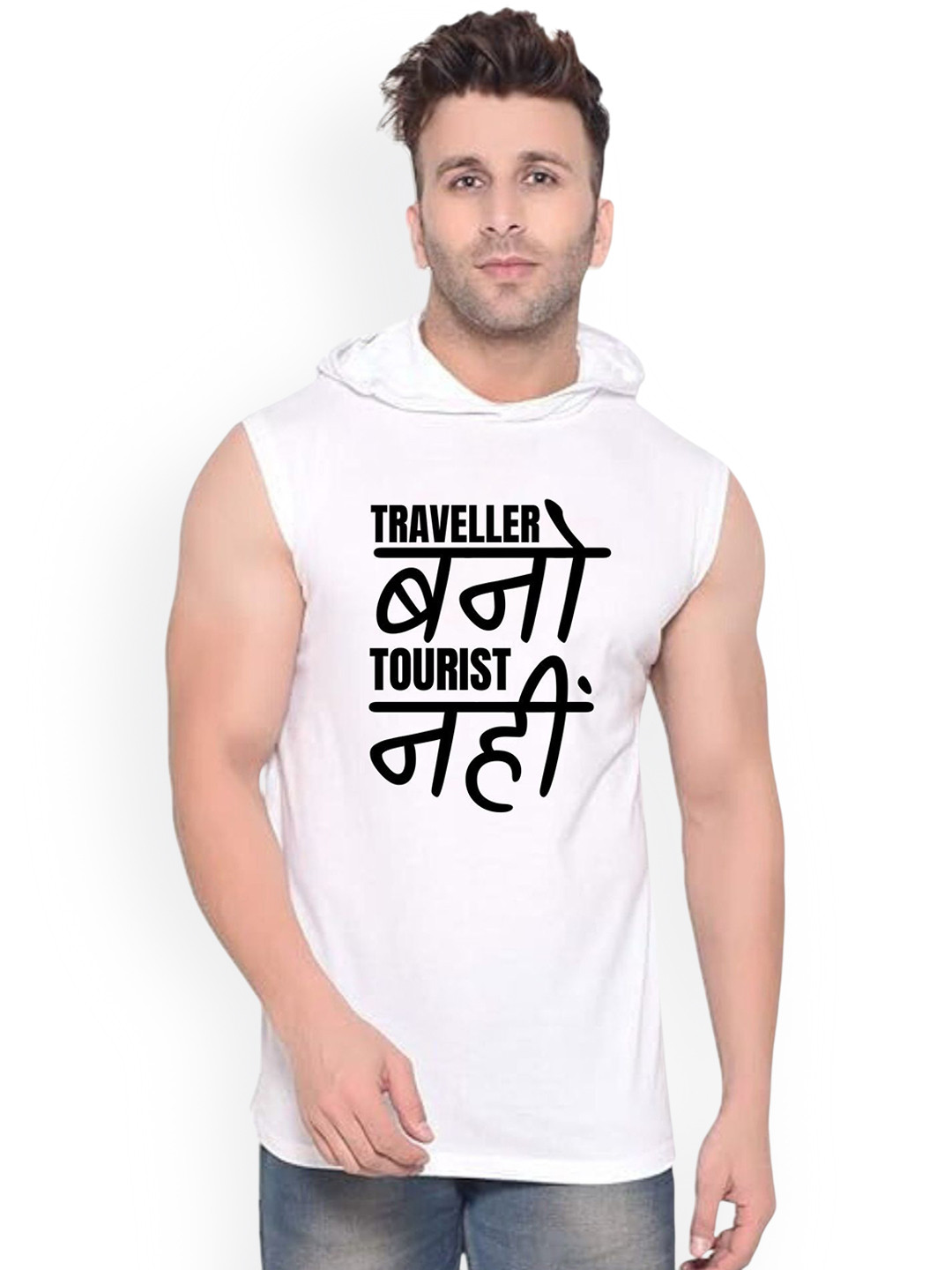 Fashnobic Men Traveller Bano Printed Hooded-Neck Sleeveless Gym Vest