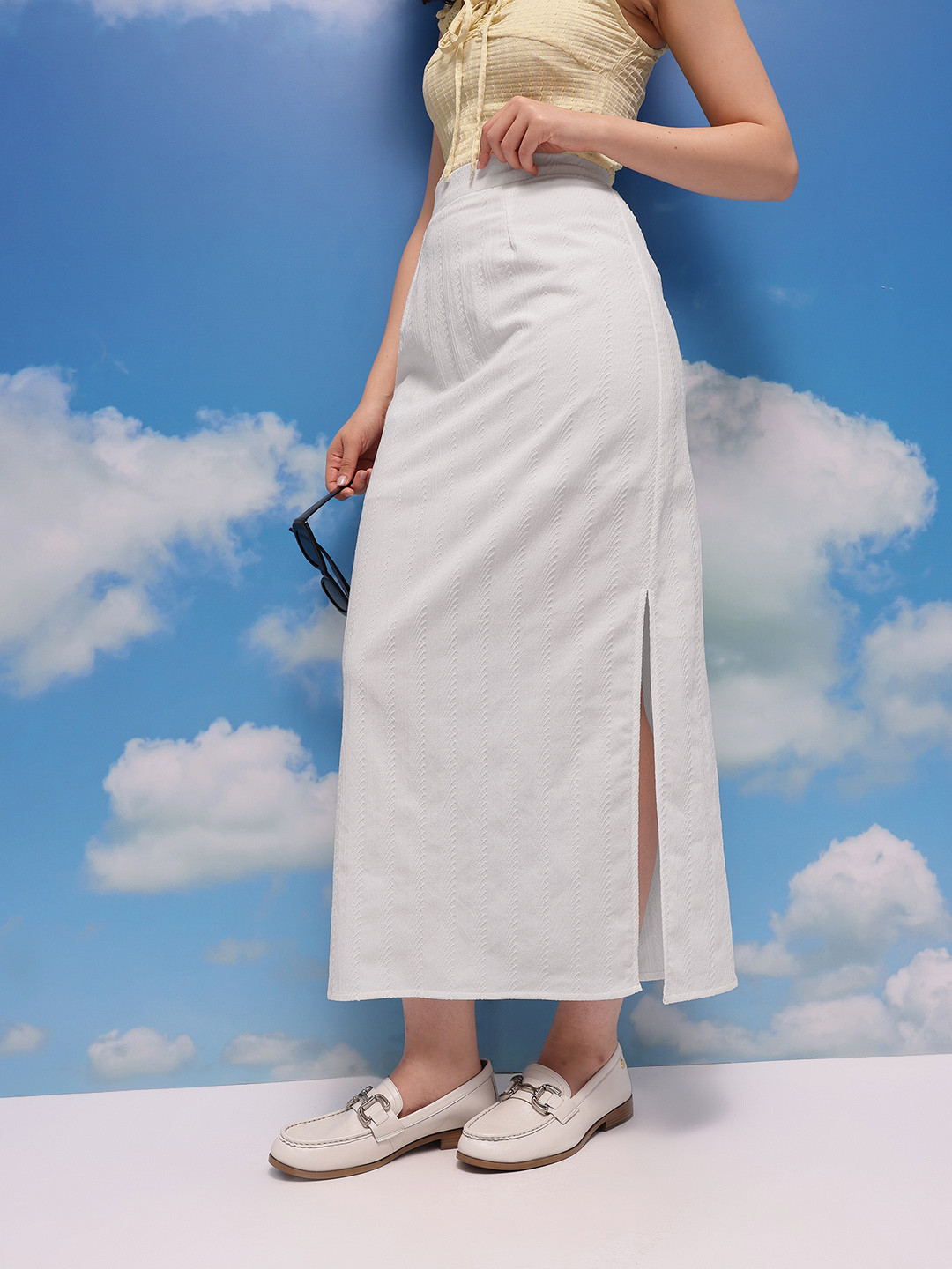 CORSICA Vertically Self-Striped Mid-Rise A-Line Skirt with Side Slit