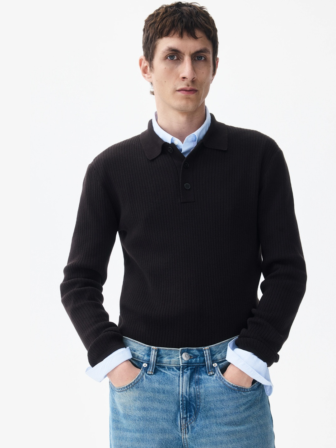 H&M Men Slim Fit Rib-Knit Polo Shirt