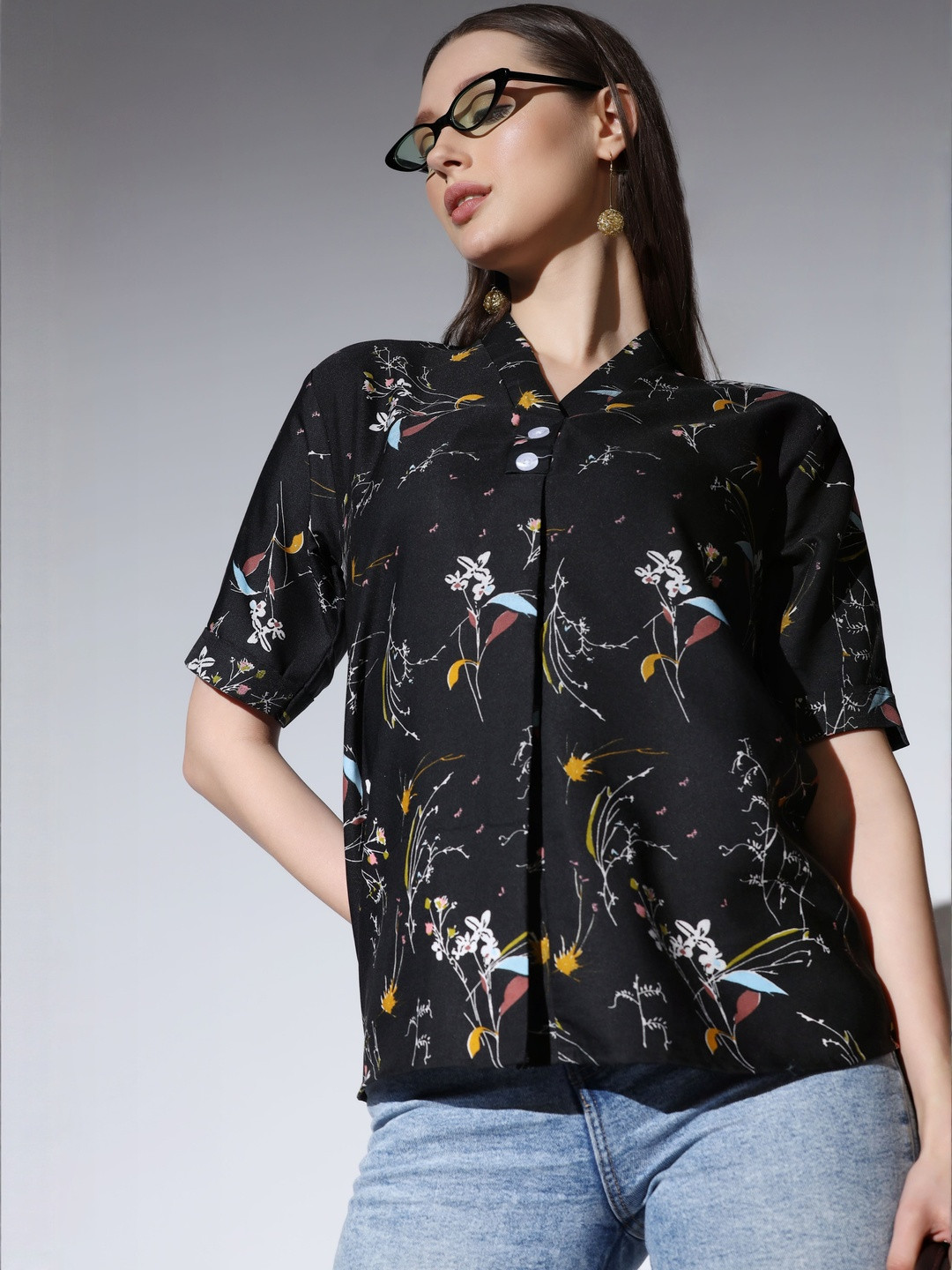 LERIYA FASHION Women Floral Print Short Sleeves Shirt Style Top