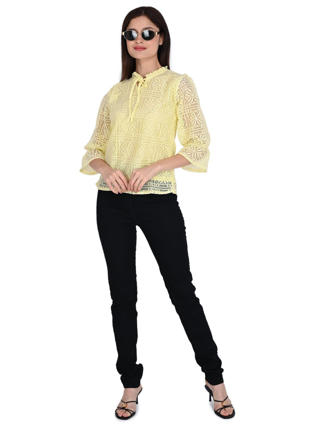 ORIEX THE ORIGINAL FASHION Women Ethnic Motifs Embroidered Tie-Up Neck Net Top